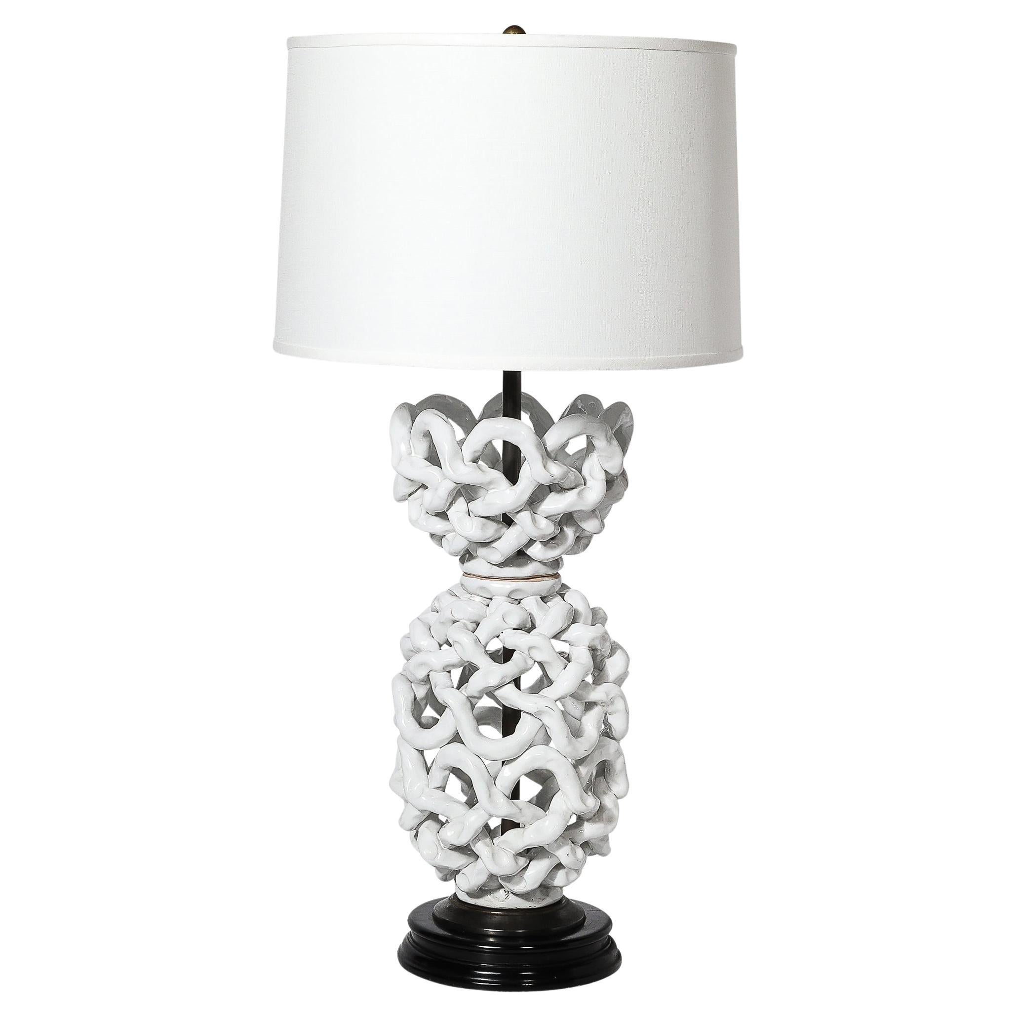 Mid-Century Open Form White Ceramic Table Lamp with Woven Sculptural Motifs