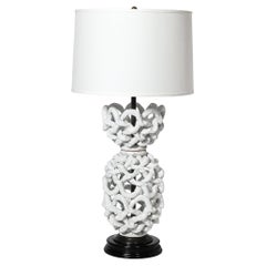 Mid-Century Open Form White Ceramic Table Lamp with Woven Sculptural Motifs