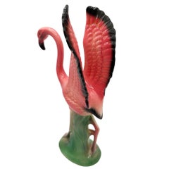 Mid-Century Open Wing Pink Flamingo Ceramic Tabletop Statue By Leftons