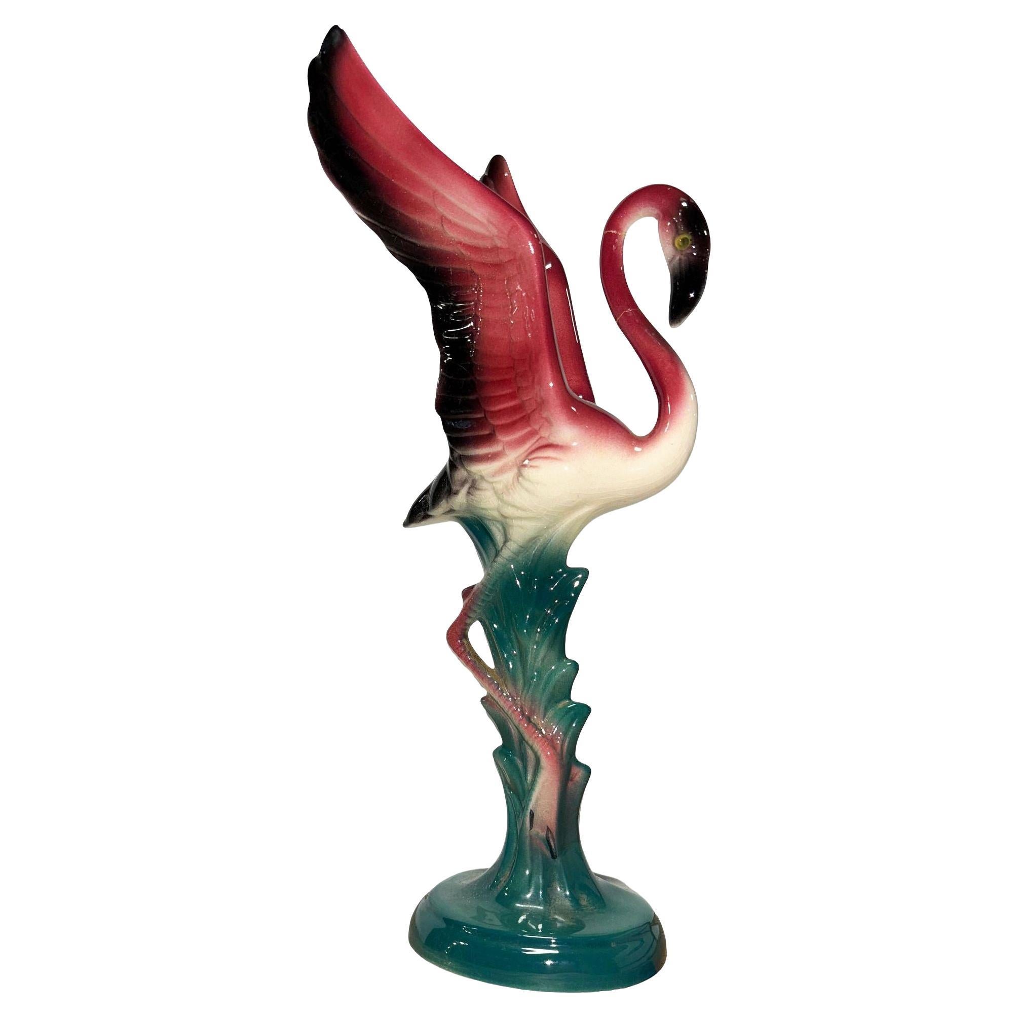 Mid-century Open Wing Pink Flamingo Ceramic Tabletop Statue