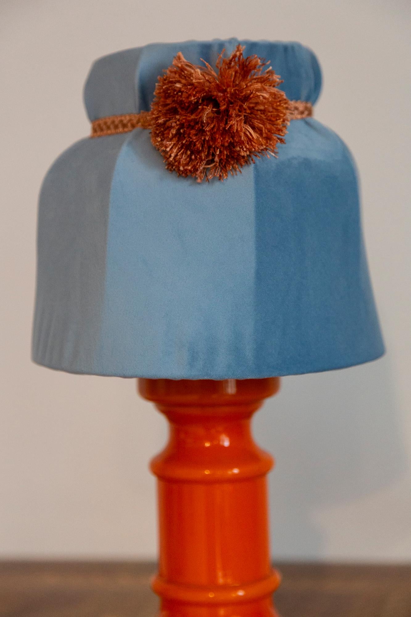 Mid Century Orange and Blue Ceramic and Velvet Table Lamp, Europe, 1960s For Sale 4