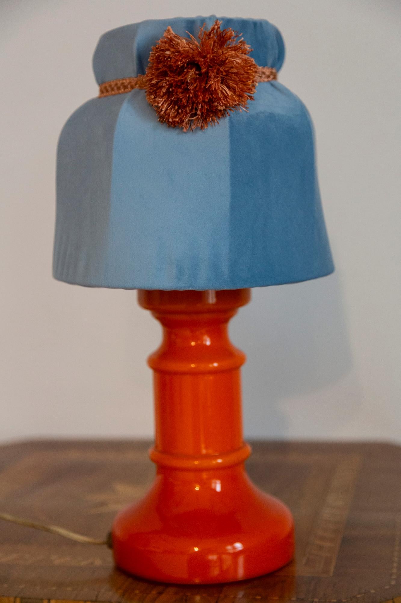 Mid Century Orange and Blue Ceramic and Velvet Table Lamp, Europe, 1960s For Sale 5
