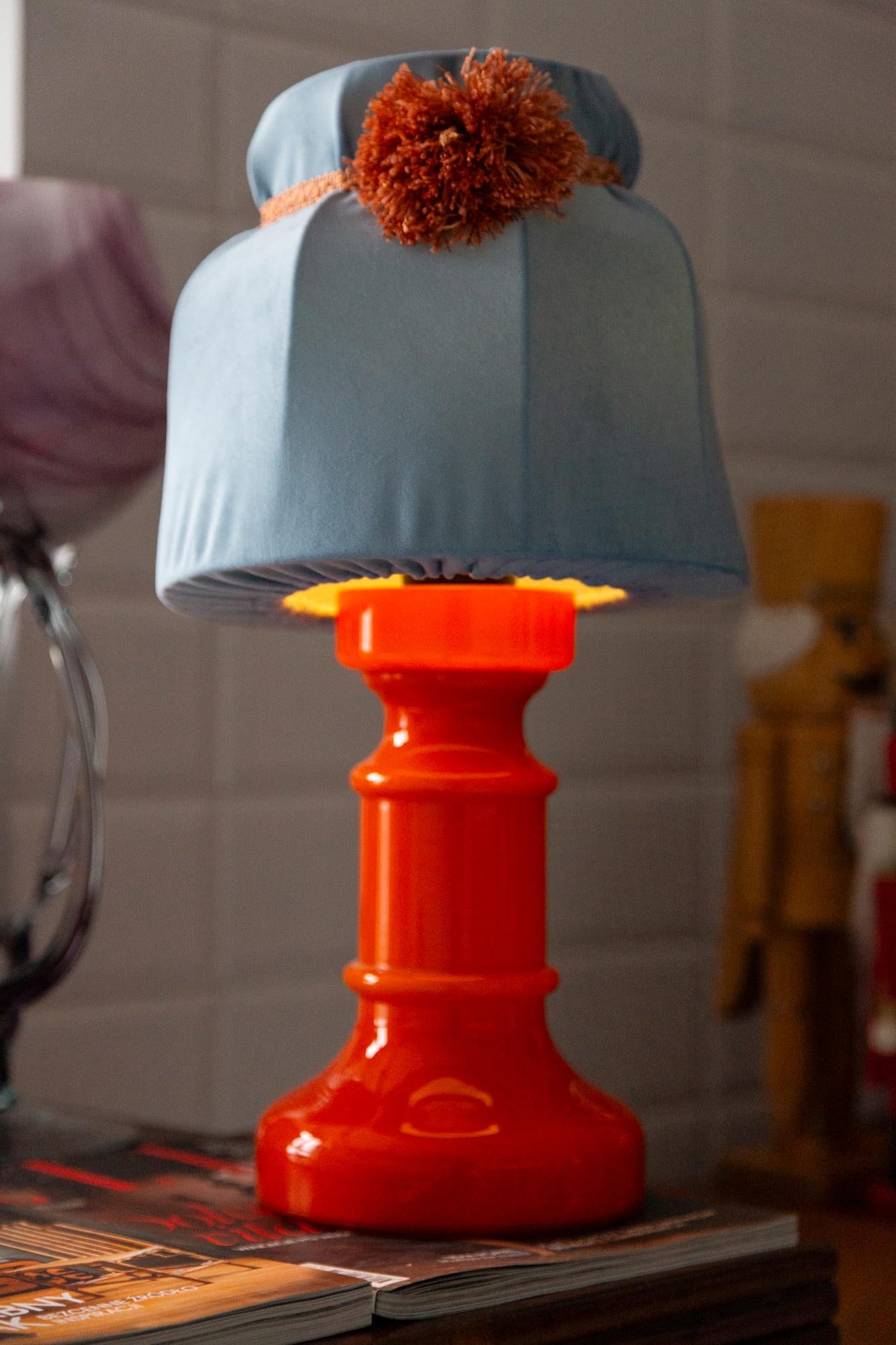 Mid Century Orange and Blue Ceramic and Velvet Table Lamp, Europe, 1960s For Sale 6