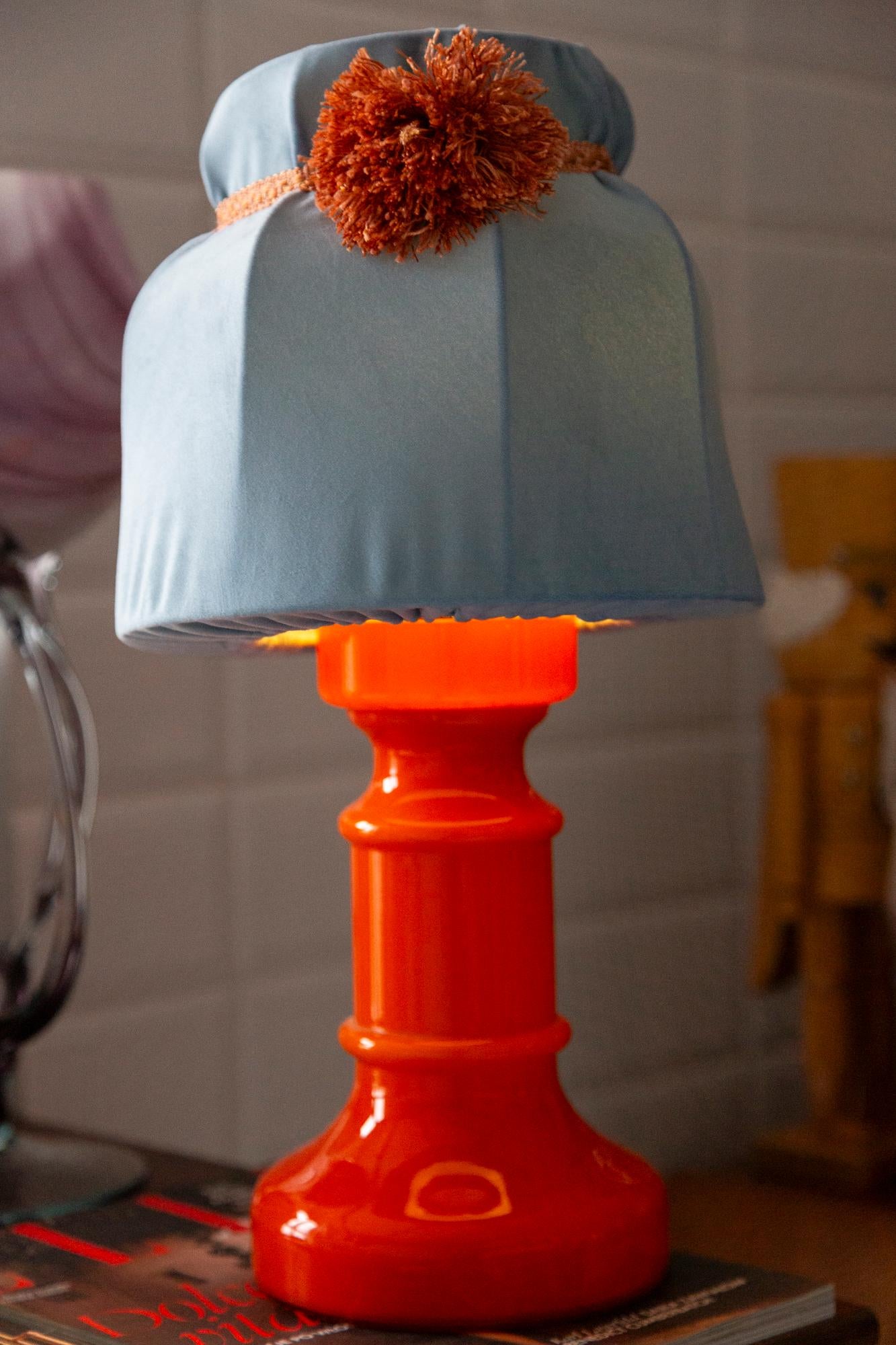 Mid Century Orange and Blue Ceramic and Velvet Table Lamp, Europe, 1960s For Sale 8