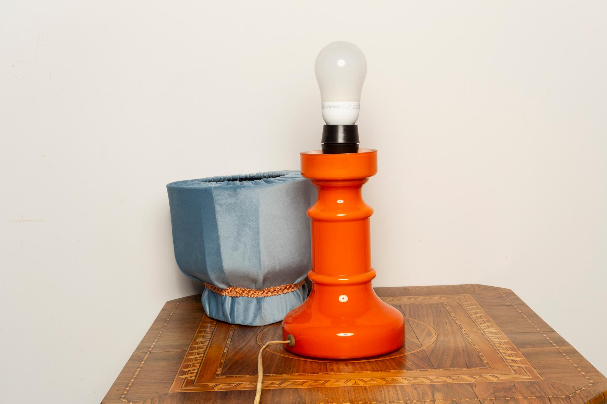 Italian Mid Century Orange and Blue Ceramic and Velvet Table Lamp, Europe, 1960s For Sale