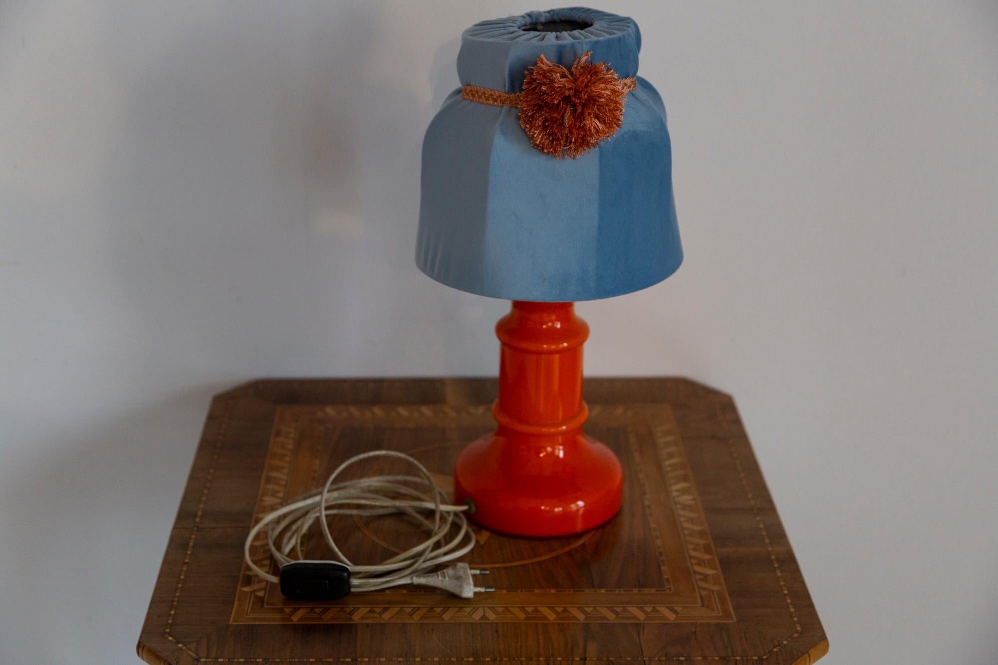 20th Century Mid Century Orange and Blue Ceramic and Velvet Table Lamp, Europe, 1960s For Sale