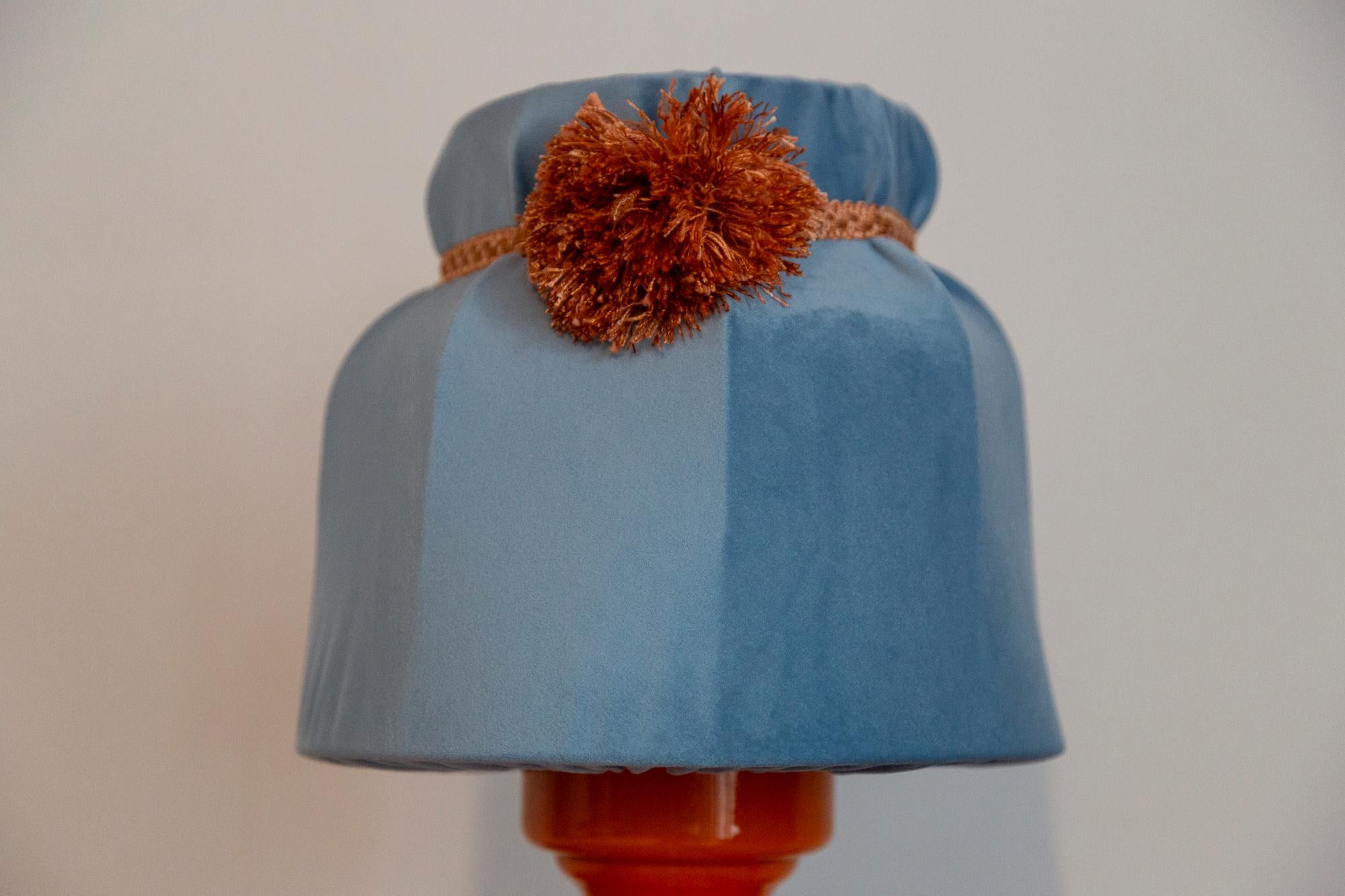Mid Century Orange and Blue Ceramic and Velvet Table Lamp, Europe, 1960s For Sale 1
