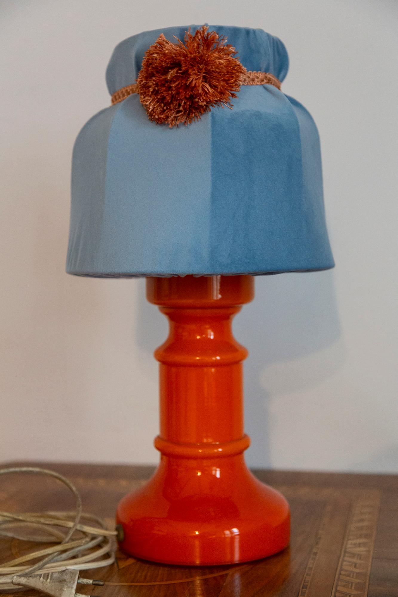 Mid Century Orange and Blue Ceramic and Velvet Table Lamp, Europe, 1960s For Sale 2