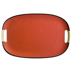 Orange-schwarzes Serviertablett mit elfenbeinfarbenen Griffen aus der Mitte des Jahrhunderts, ca. 1960-70er Jahre