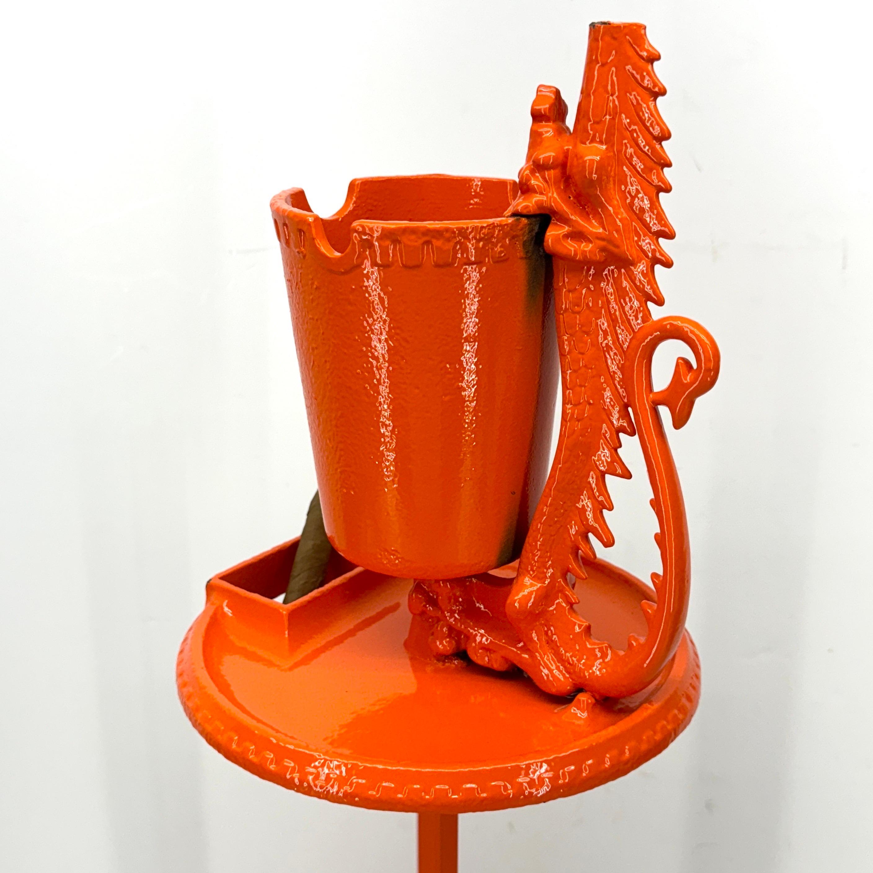Mid-Century Orange Cast Iron Floor Ashtray, Powder-Coated For Sale 7