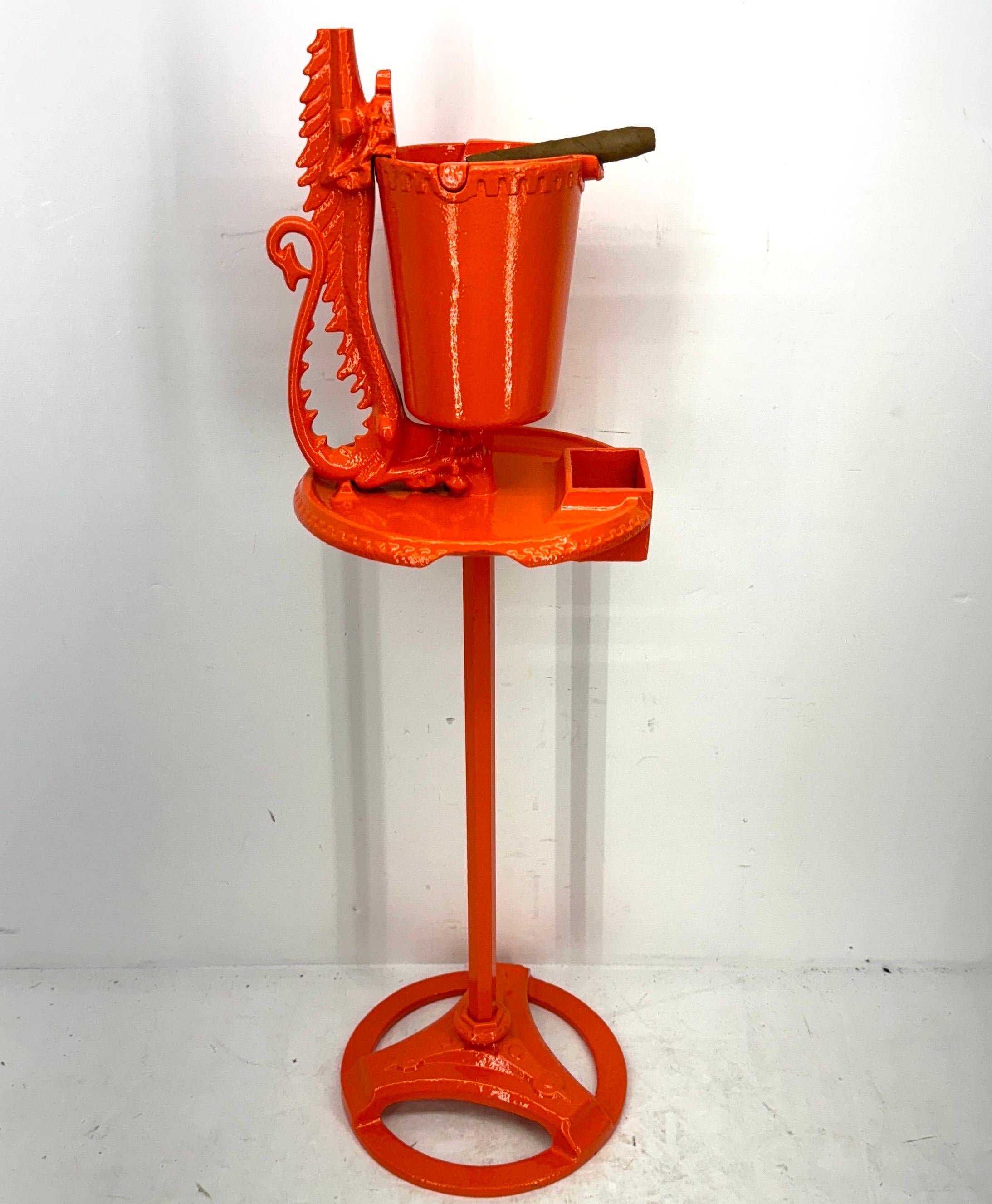 Mid-Century Modern Mid-Century Orange Cast Iron Floor Ashtray, Powder-Coated For Sale