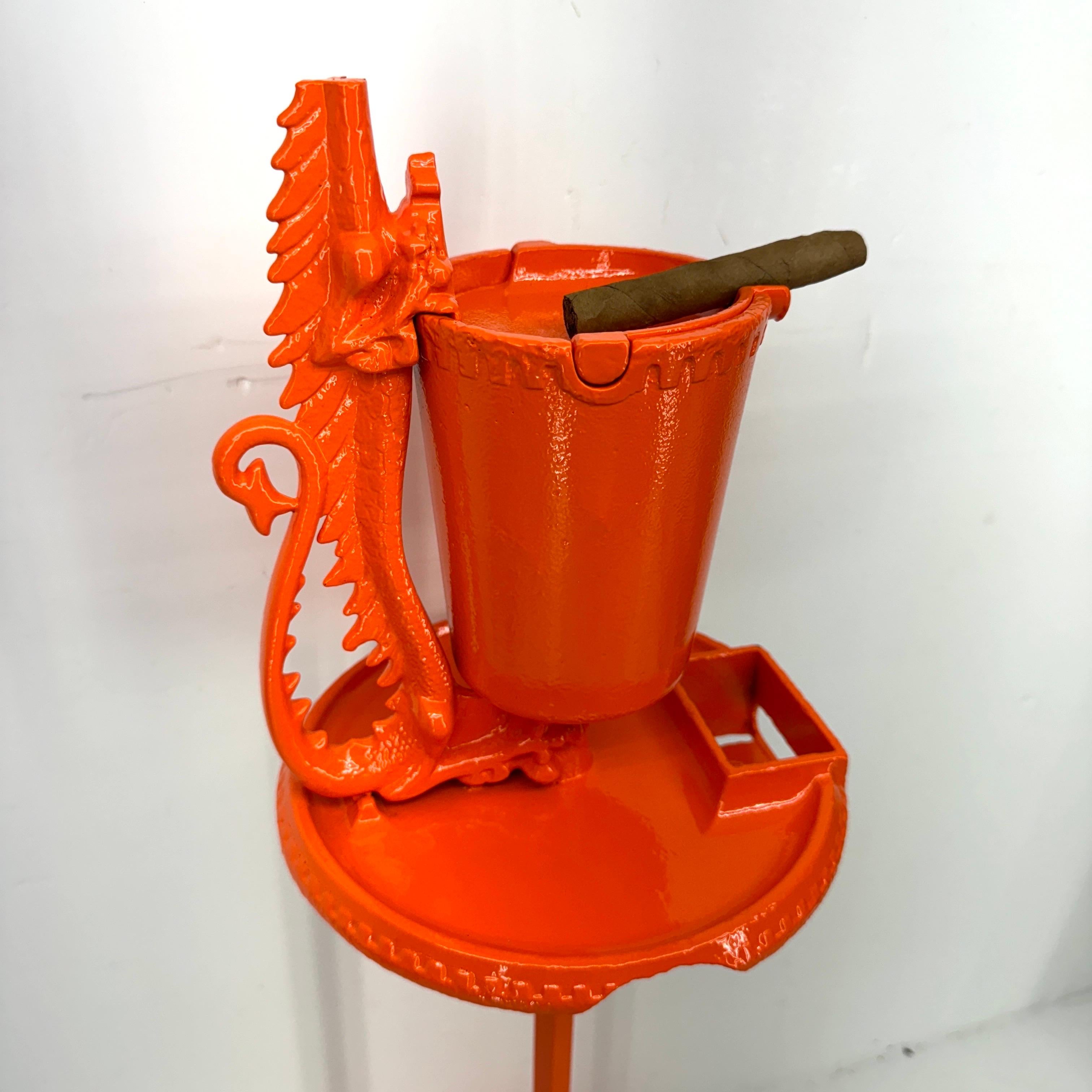 American Mid-Century Orange Cast Iron Floor Ashtray, Powder-Coated For Sale