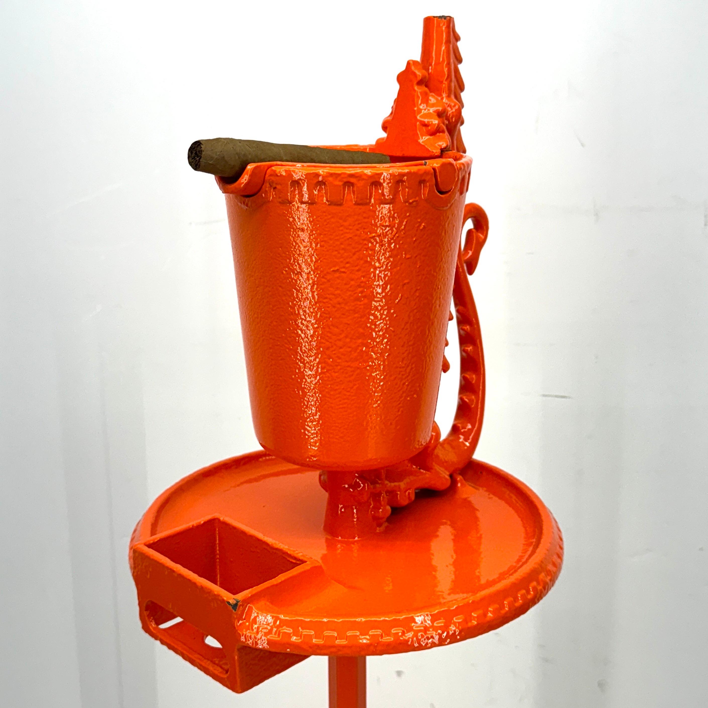 Mid-Century Orange Cast Iron Floor Ashtray, Powder-Coated For Sale 1