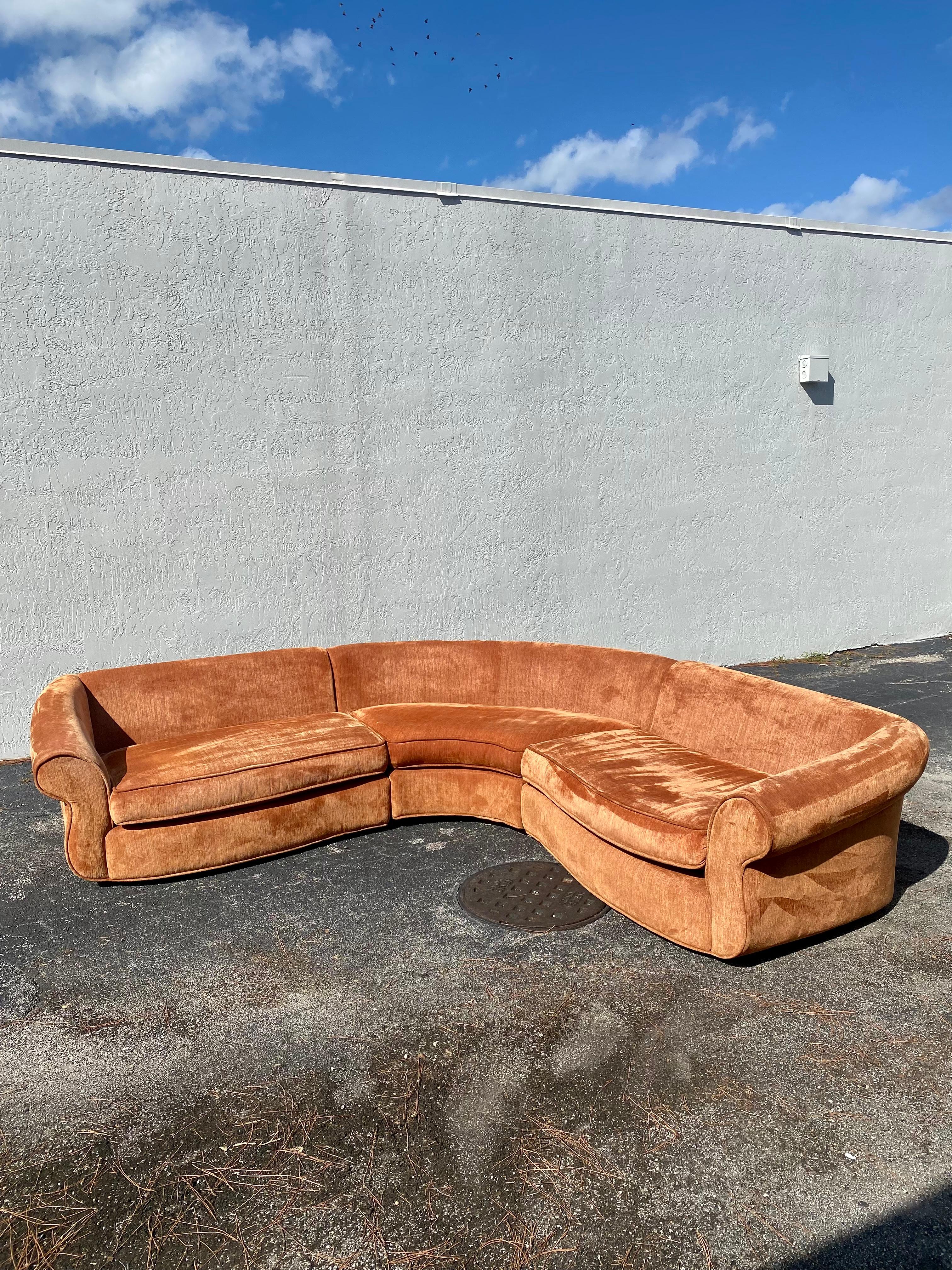 Mid Century Orange Chenille Sculptural Curved Sectional 8