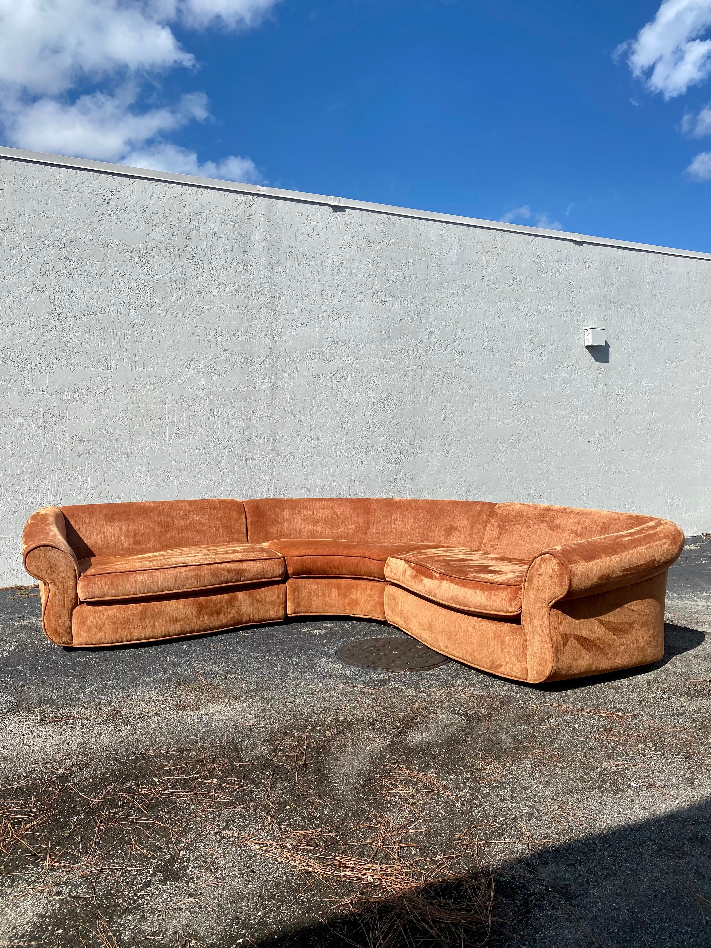 Mid Century Orange Chenille Sculptural Curved Sectional 9