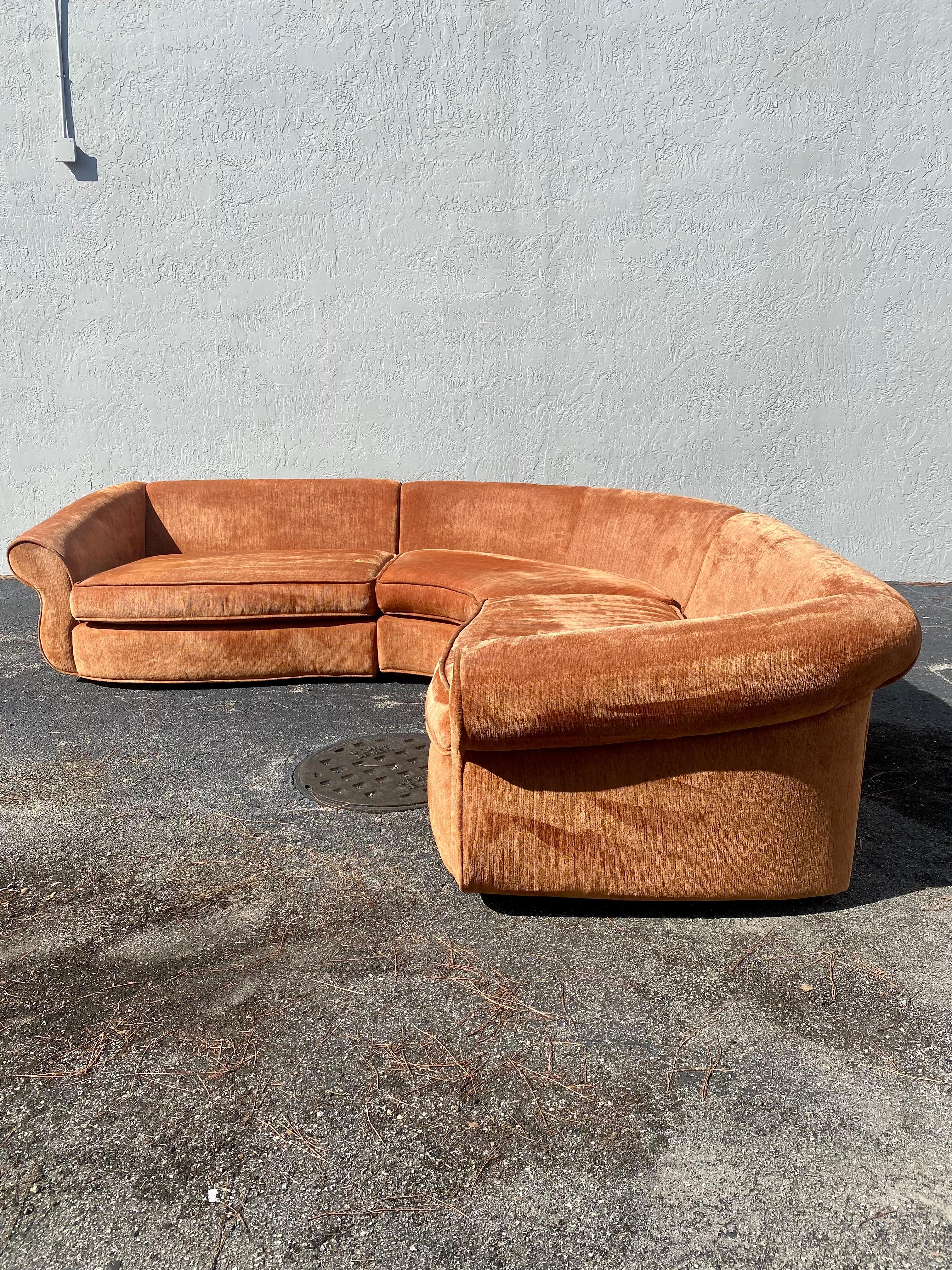 Mid Century Orange Chenille Sculptural Curved Sectional 10