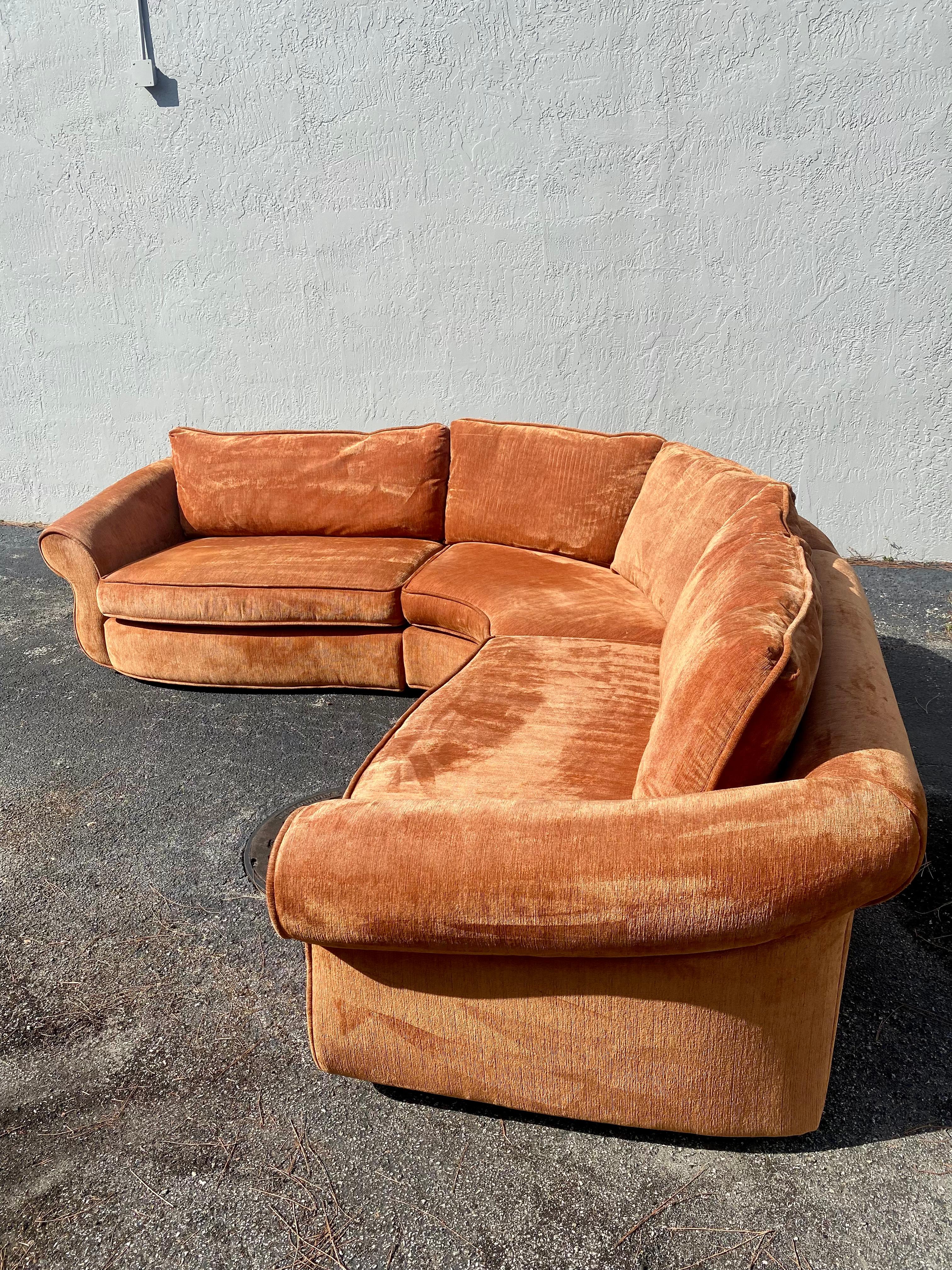 American Mid Century Orange Chenille Sculptural Curved Sectional