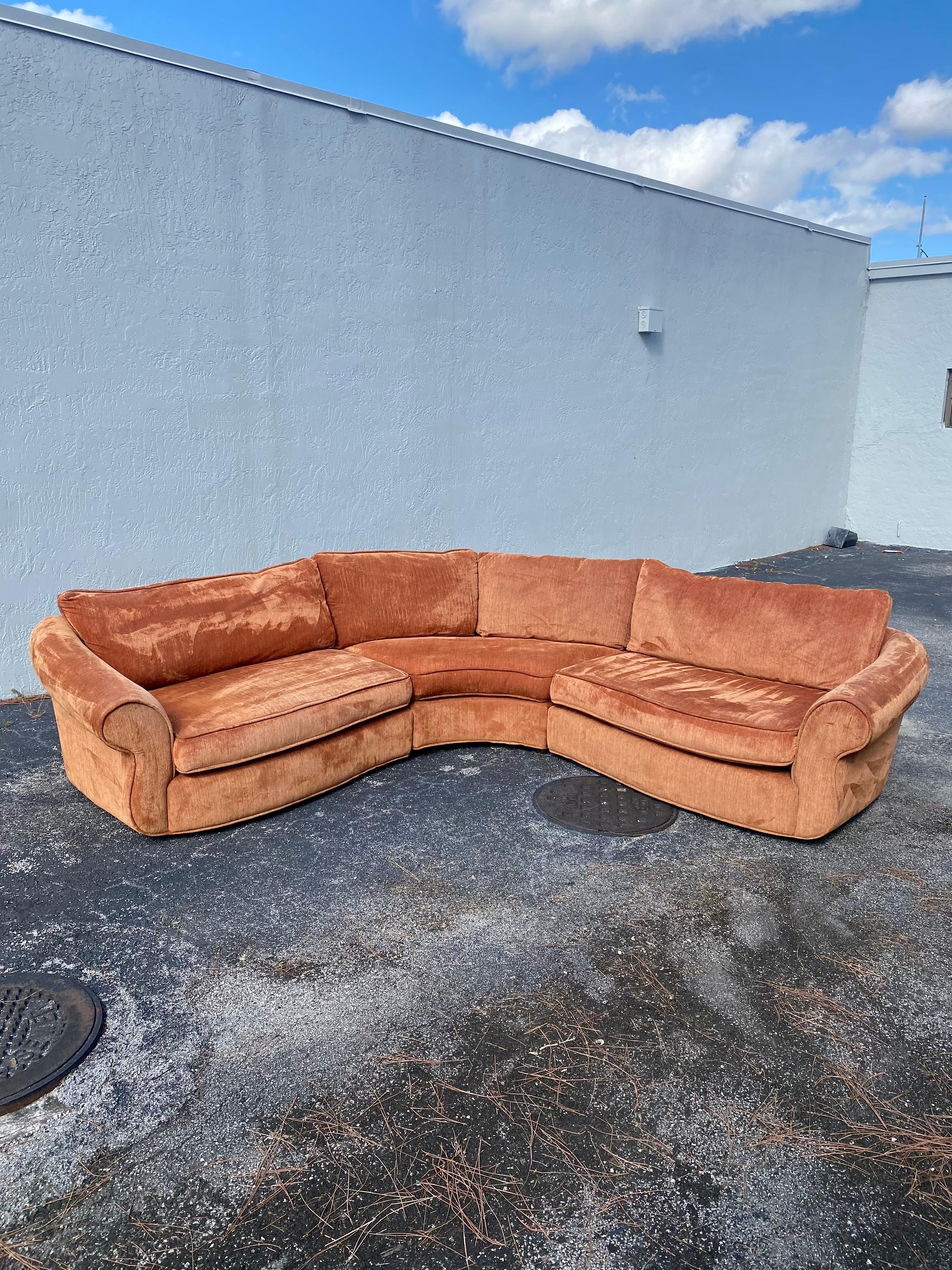 Mid Century Orange Chenille Sculptural Curved Sectional 1