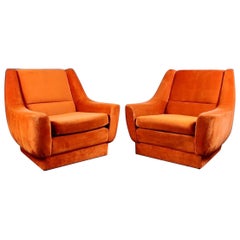Mid Century Orange Coral Velvet Pair Of Armchairs Vintage Retro MCM