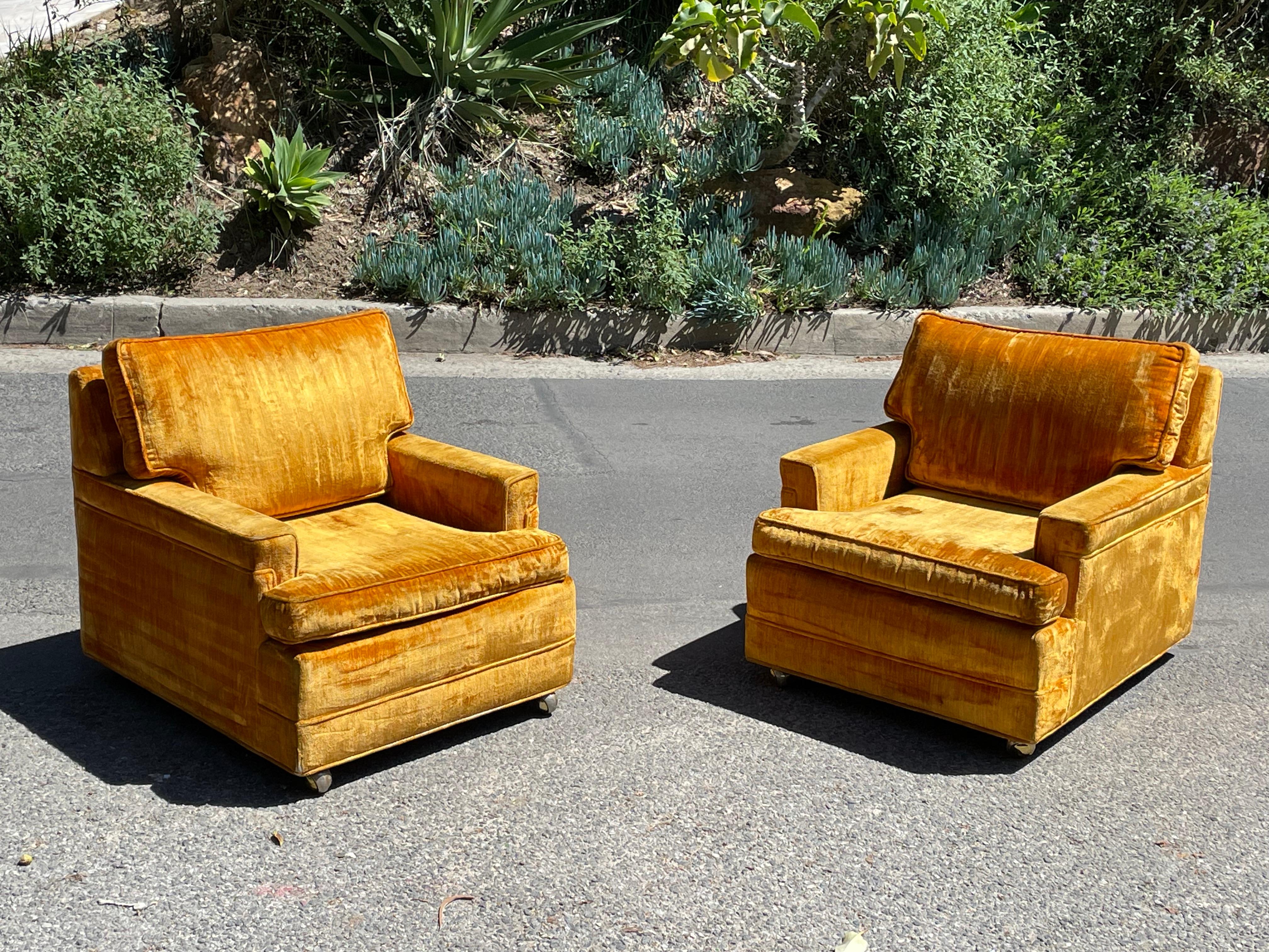 American Midcentury Orange Crushed Velvet Club Chairs, circa 1960s