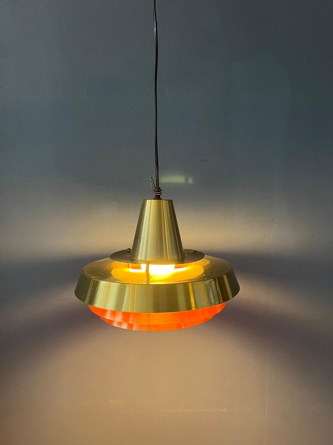 Mid Century Orange Danish Style Brass Pendant Lamp, 1970s In Good Condition For Sale In ROTTERDAM, ZH