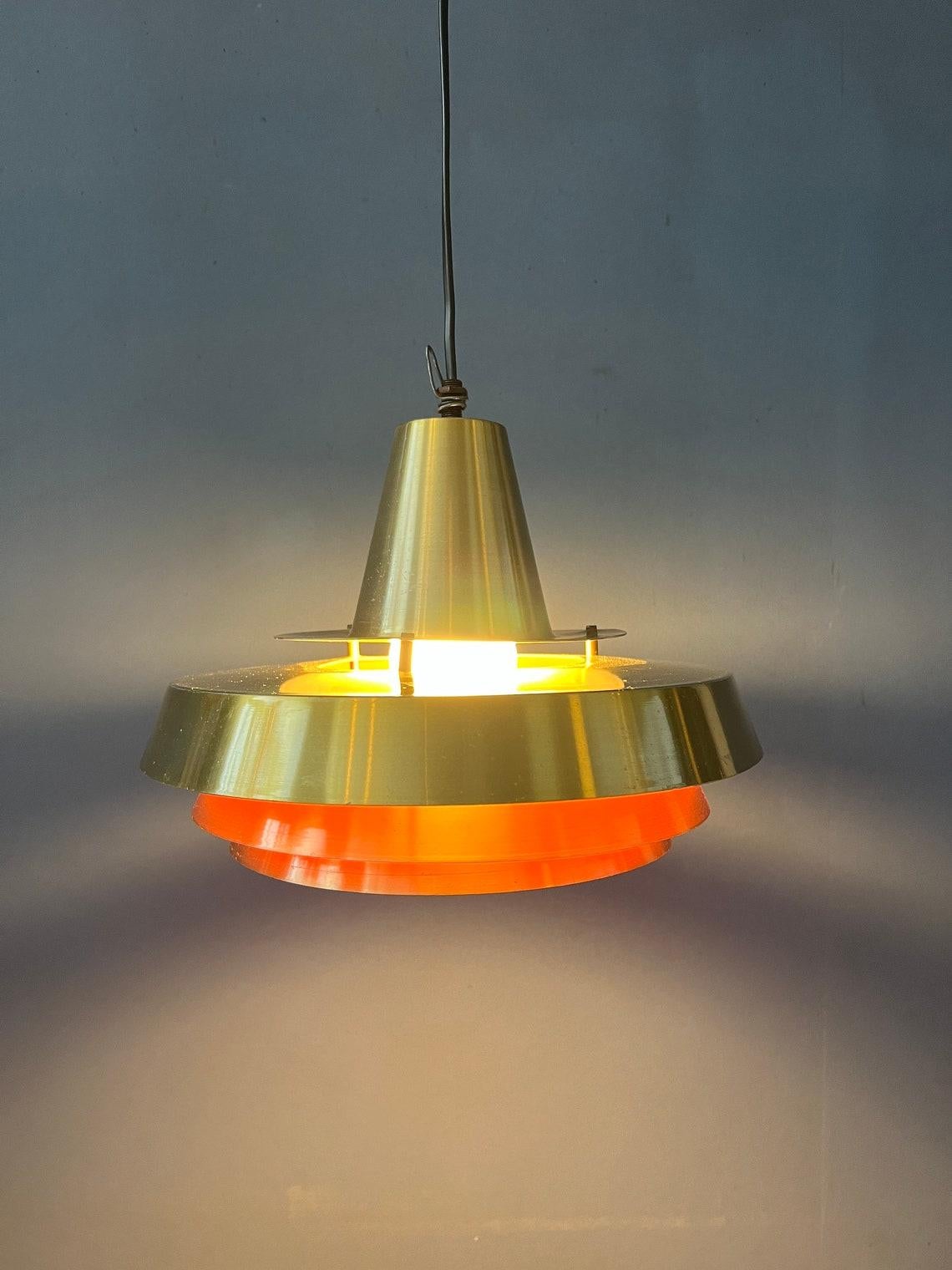 20th Century Mid Century Orange Danish Style Brass Pendant Lamp, 1970s For Sale