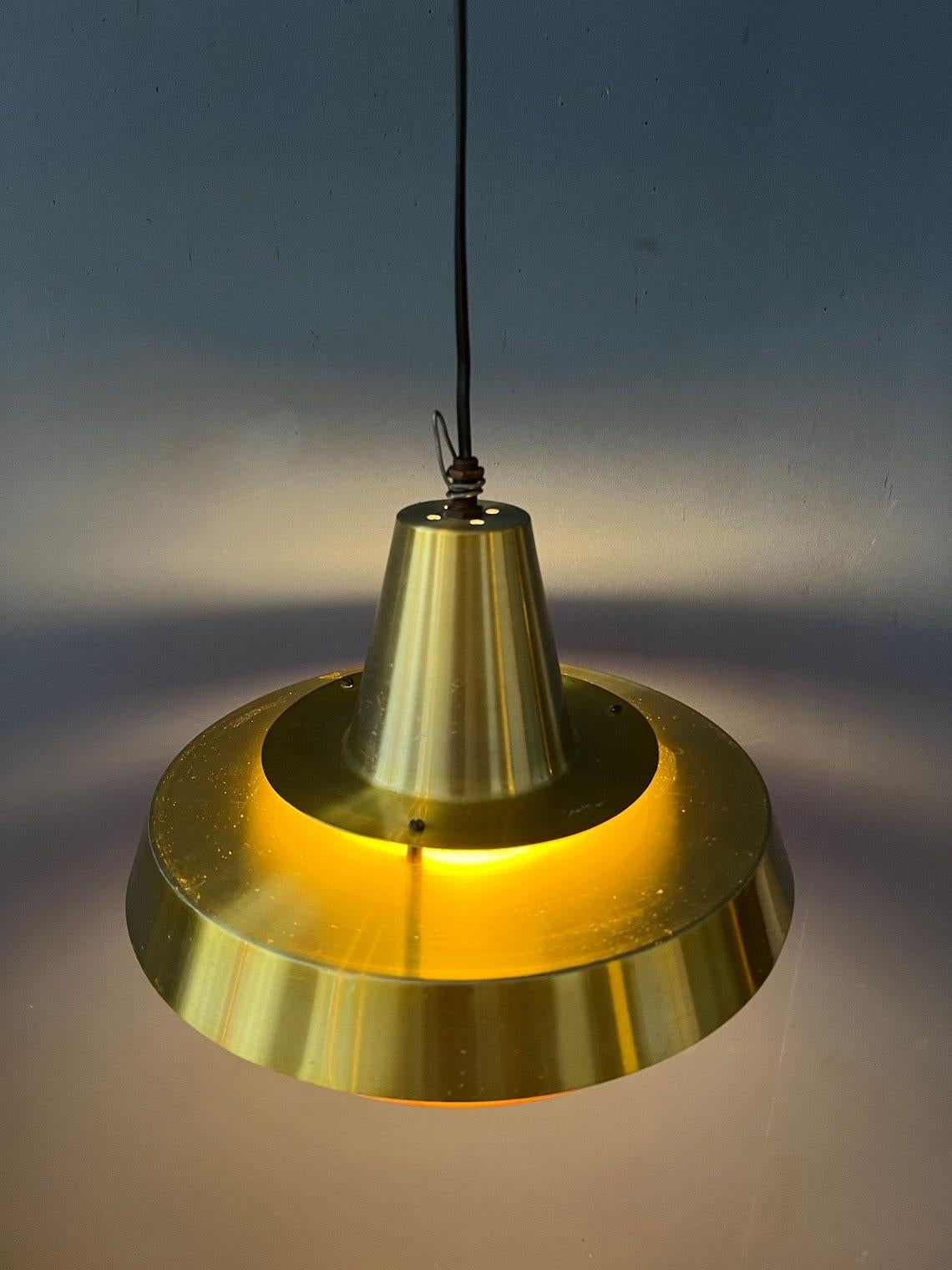 Glass Mid Century Orange Danish Style Brass Pendant Lamp, 1970s For Sale
