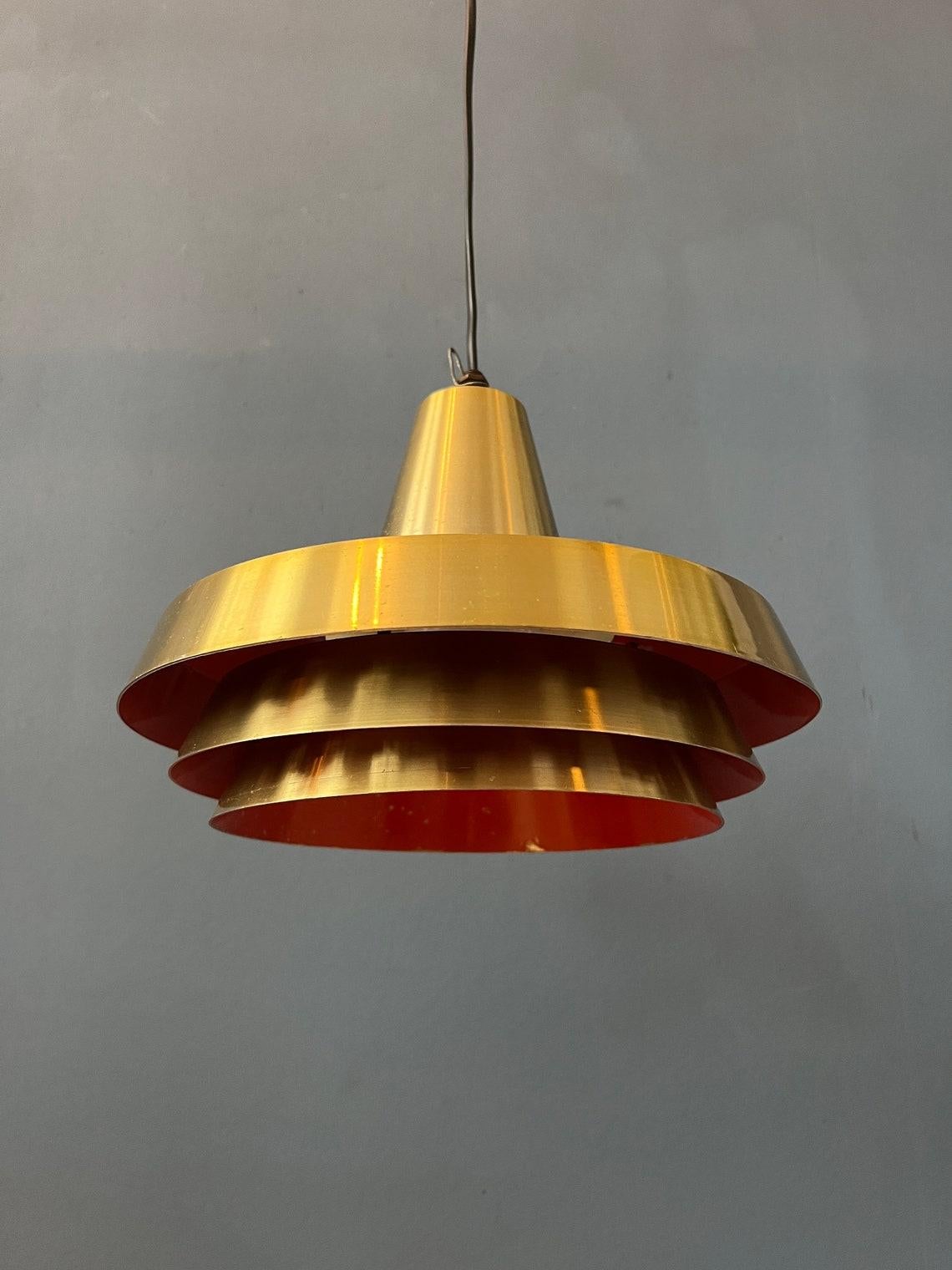 Mid Century Orange Danish Style Brass Pendant Lamp, 1970s For Sale 1