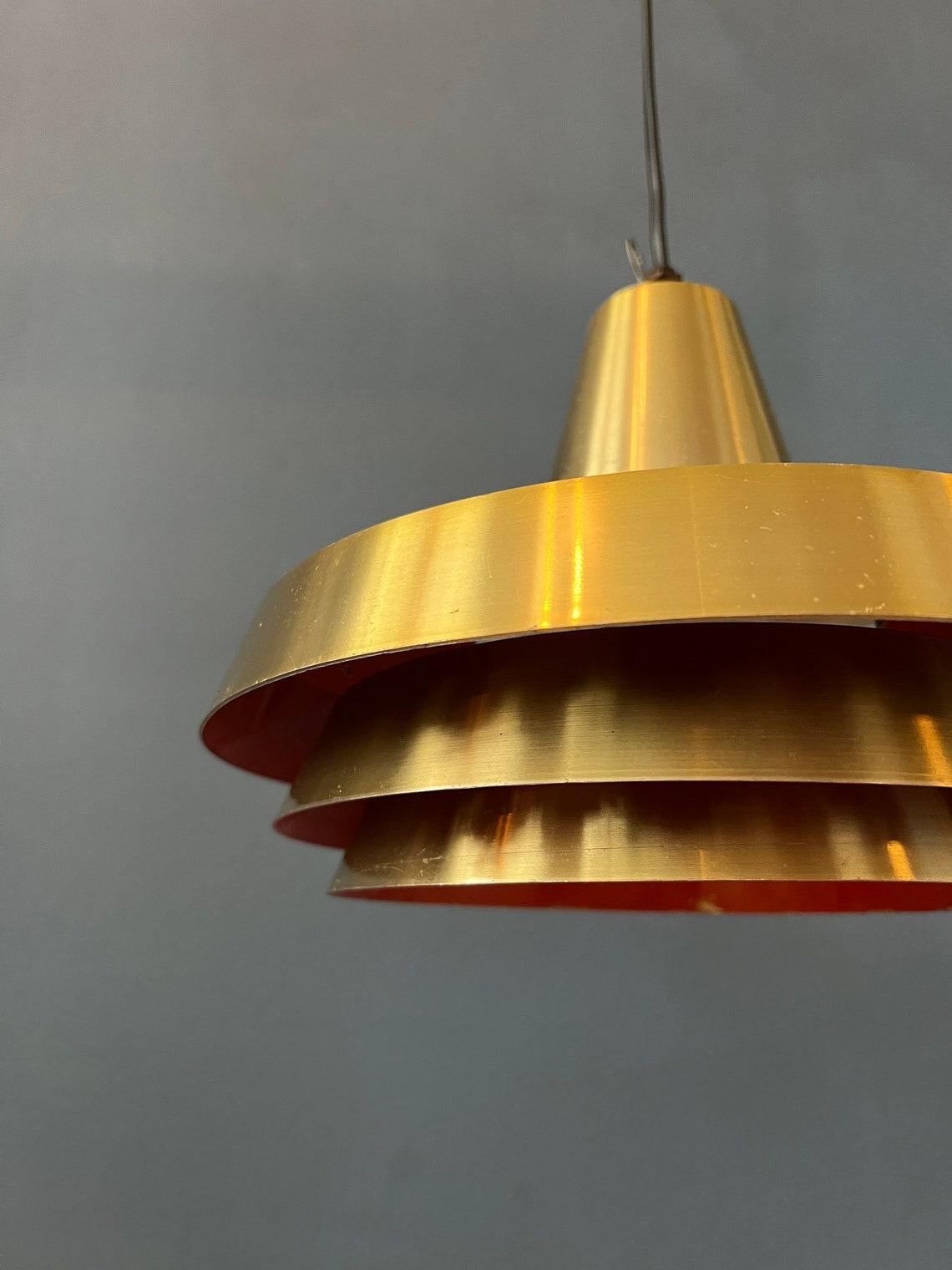 Mid Century Orange Danish Style Brass Pendant Lamp, 1970s For Sale 3
