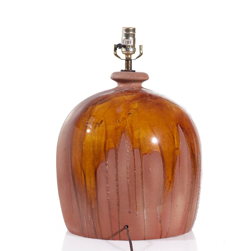 Glazed Mid Century Orange Drip Glaze Pottery Lamp For Sale