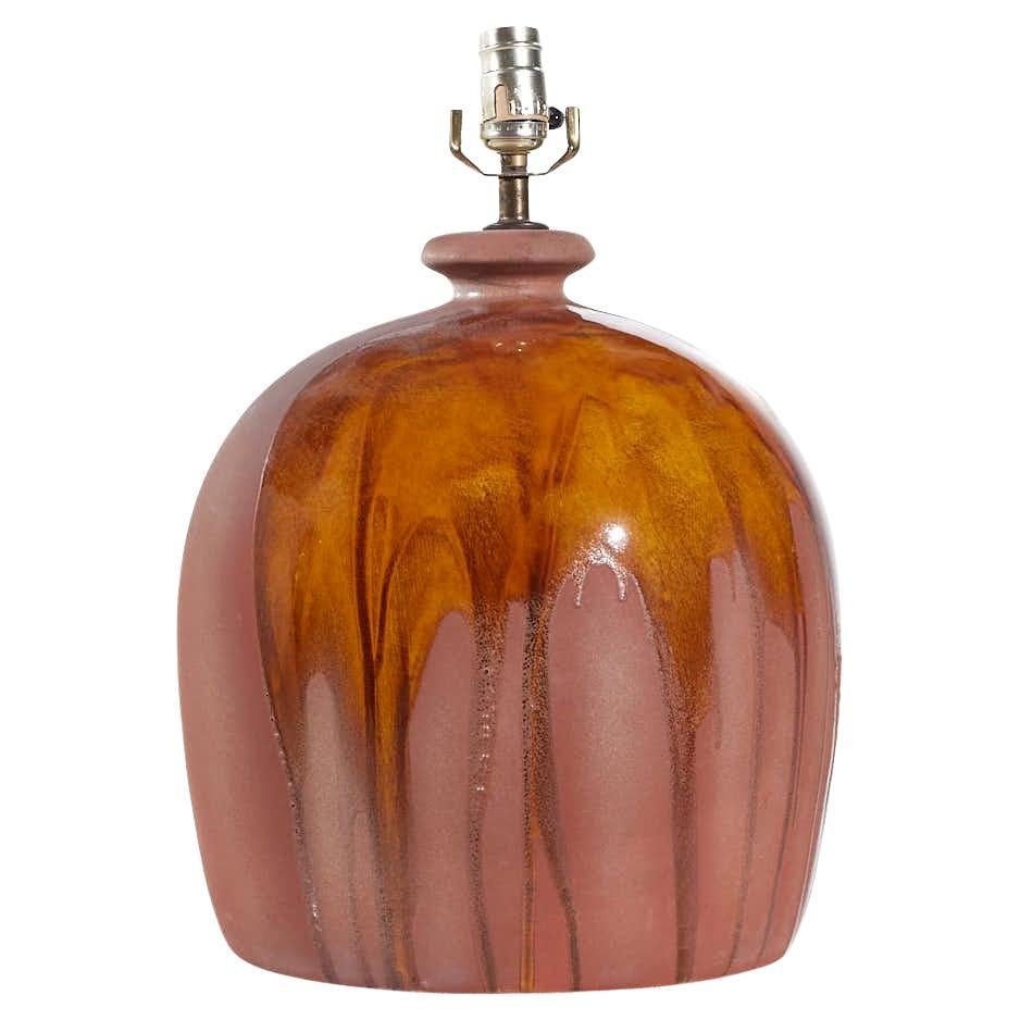 Mid Century Orange Drip Glaze Pottery Lamp For Sale
