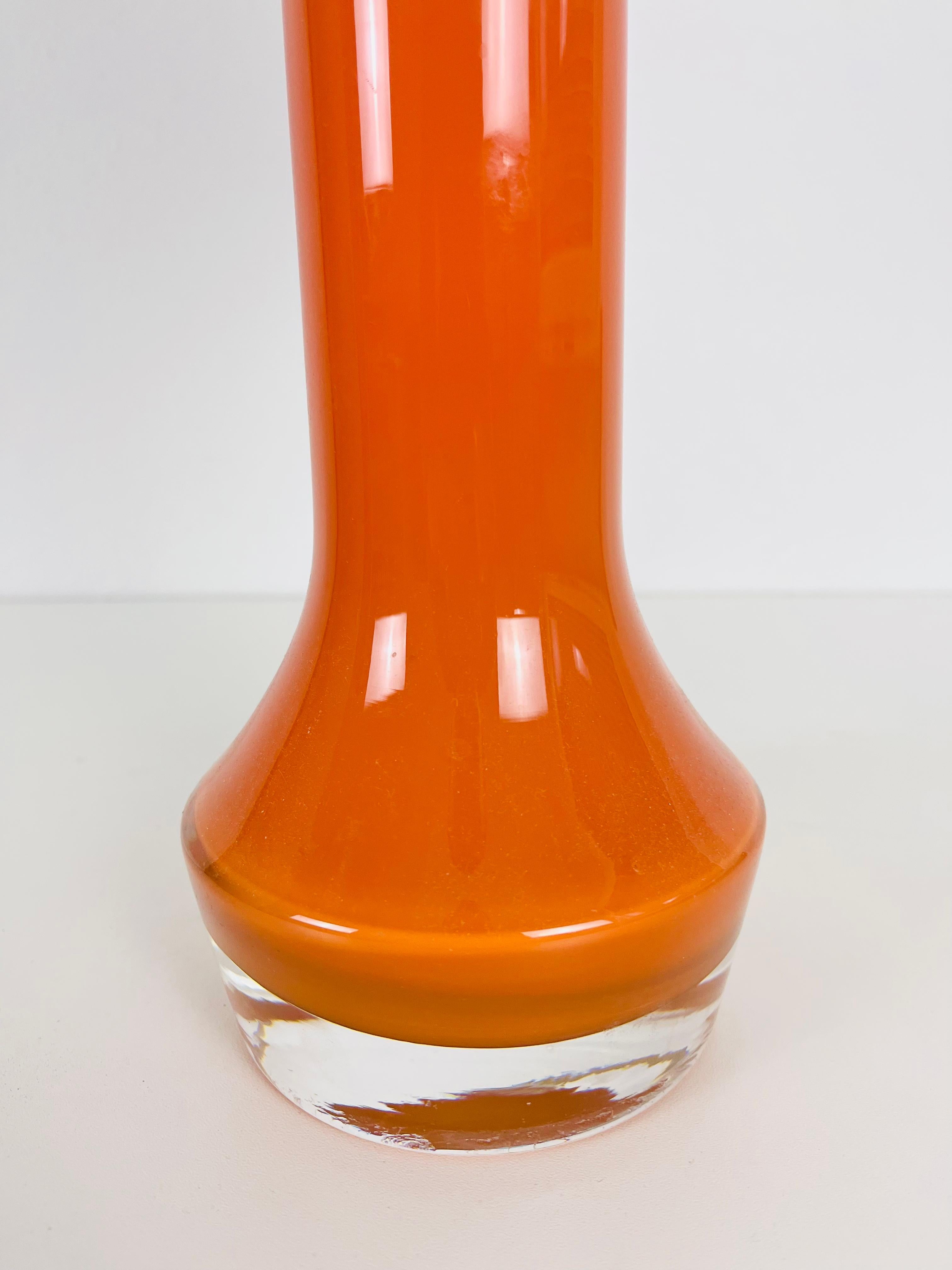 Swedish Mid Century Orange Glass and Fabric Shade Table Lamp, 1960s For Sale