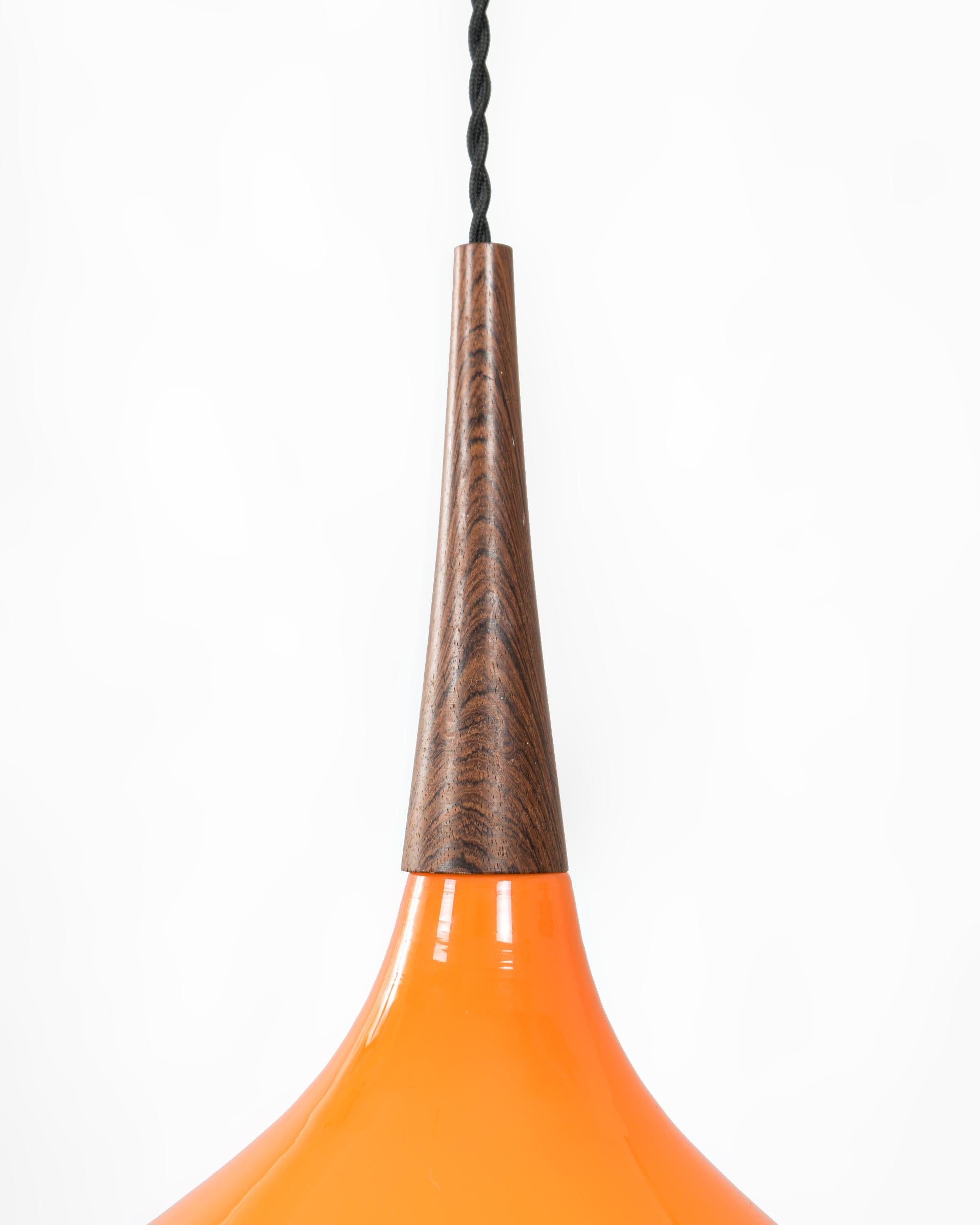 Mid-Century Modern Mid-Century Orange Glass and Teak Pendant Lamp, France, circa 1960