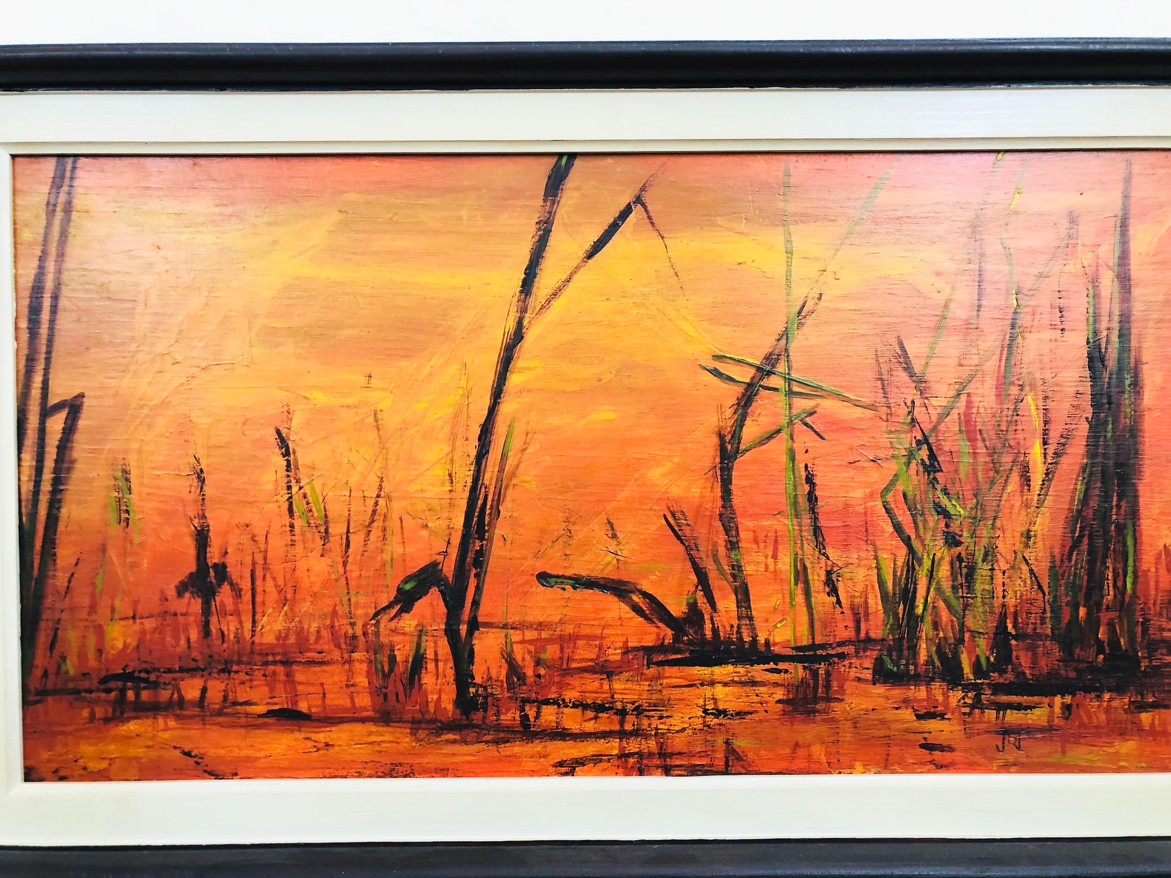 Peinture de paysage orange du milieu du siècle dernier de John Caver, intitulée « Background ». 5