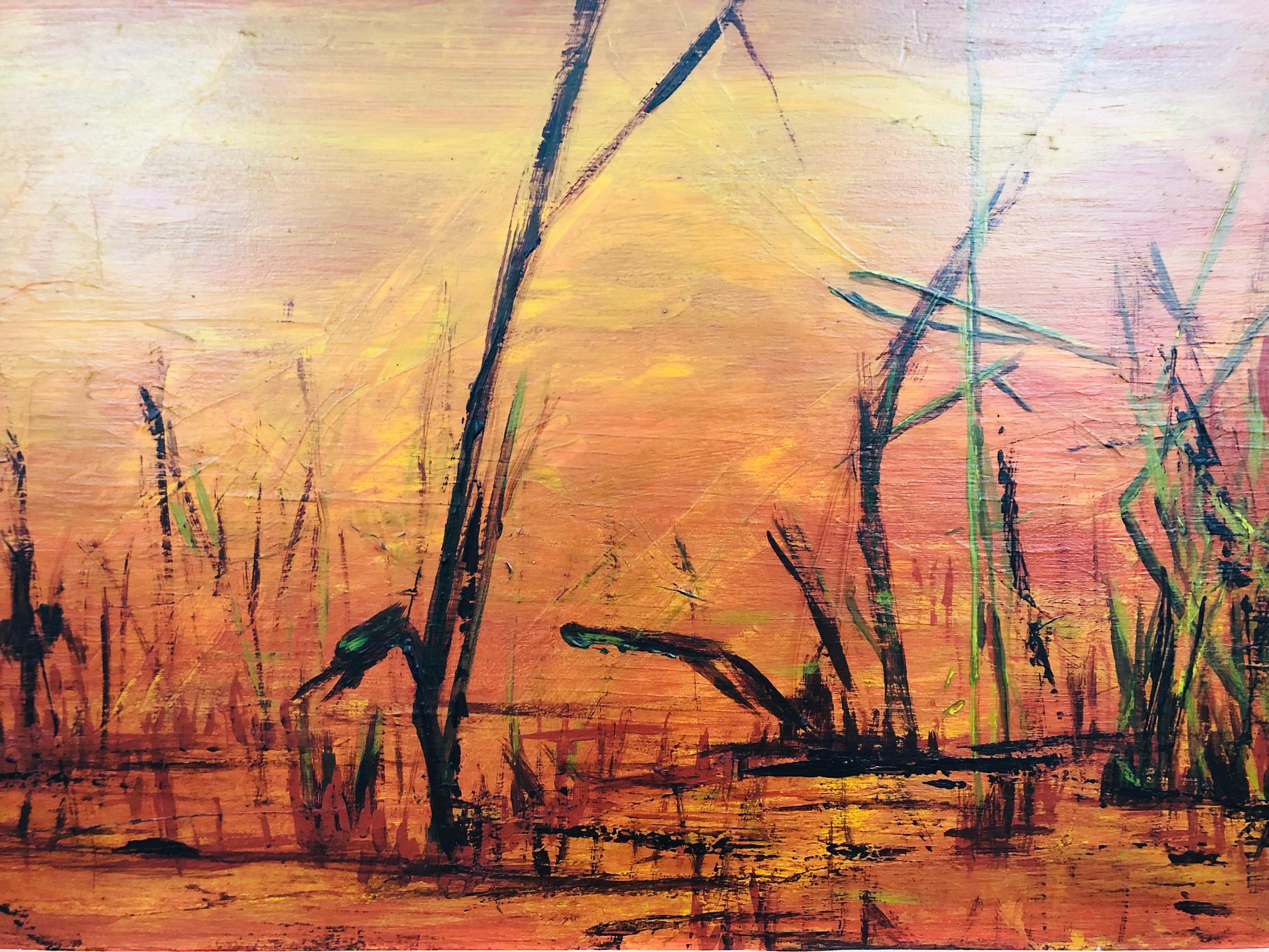 Peinture de paysage orange du milieu du siècle dernier de John Caver, intitulée « Background ». 6