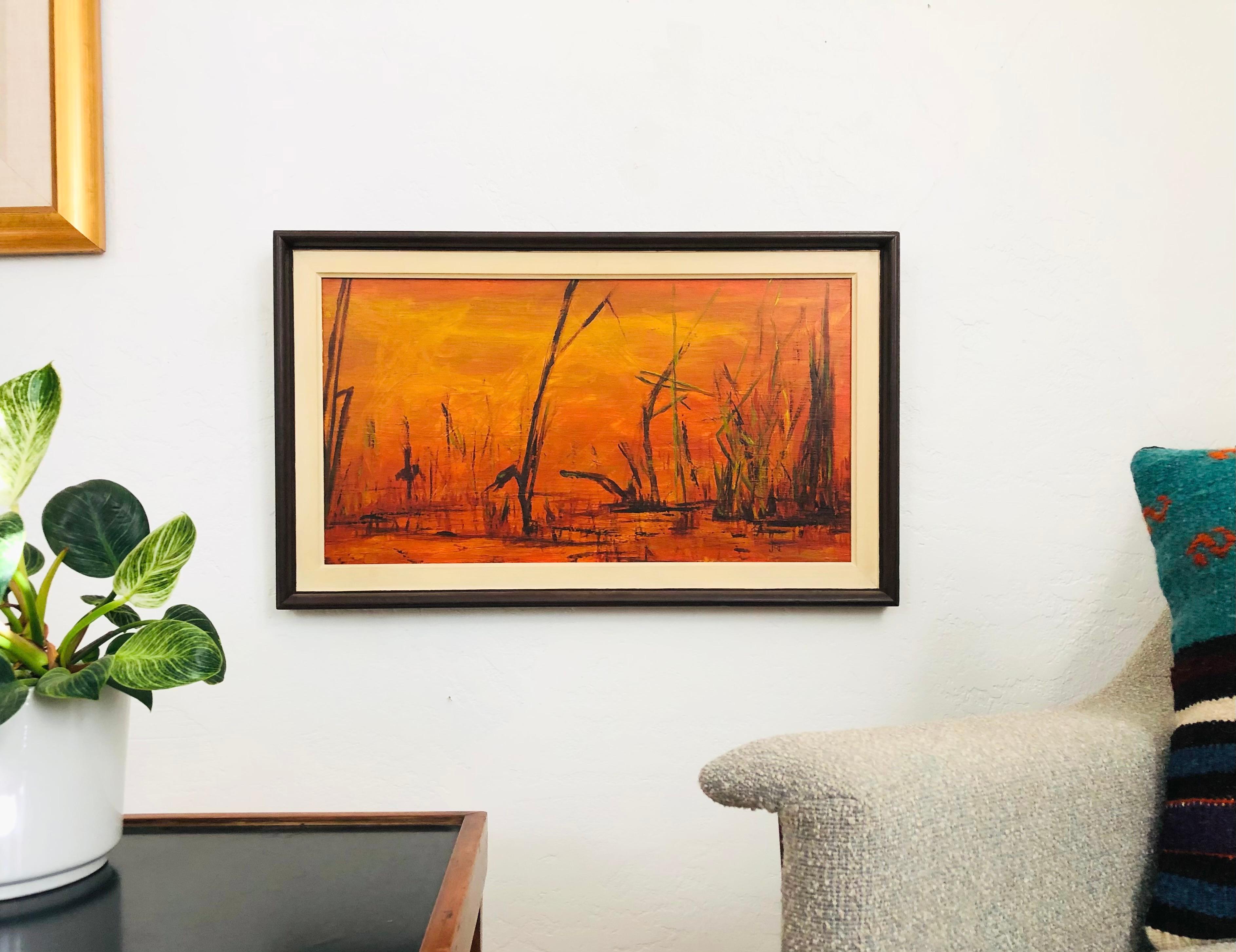 Mid-Century Modern Peinture de paysage orange du milieu du siècle dernier de John Caver, intitulée « Background ».