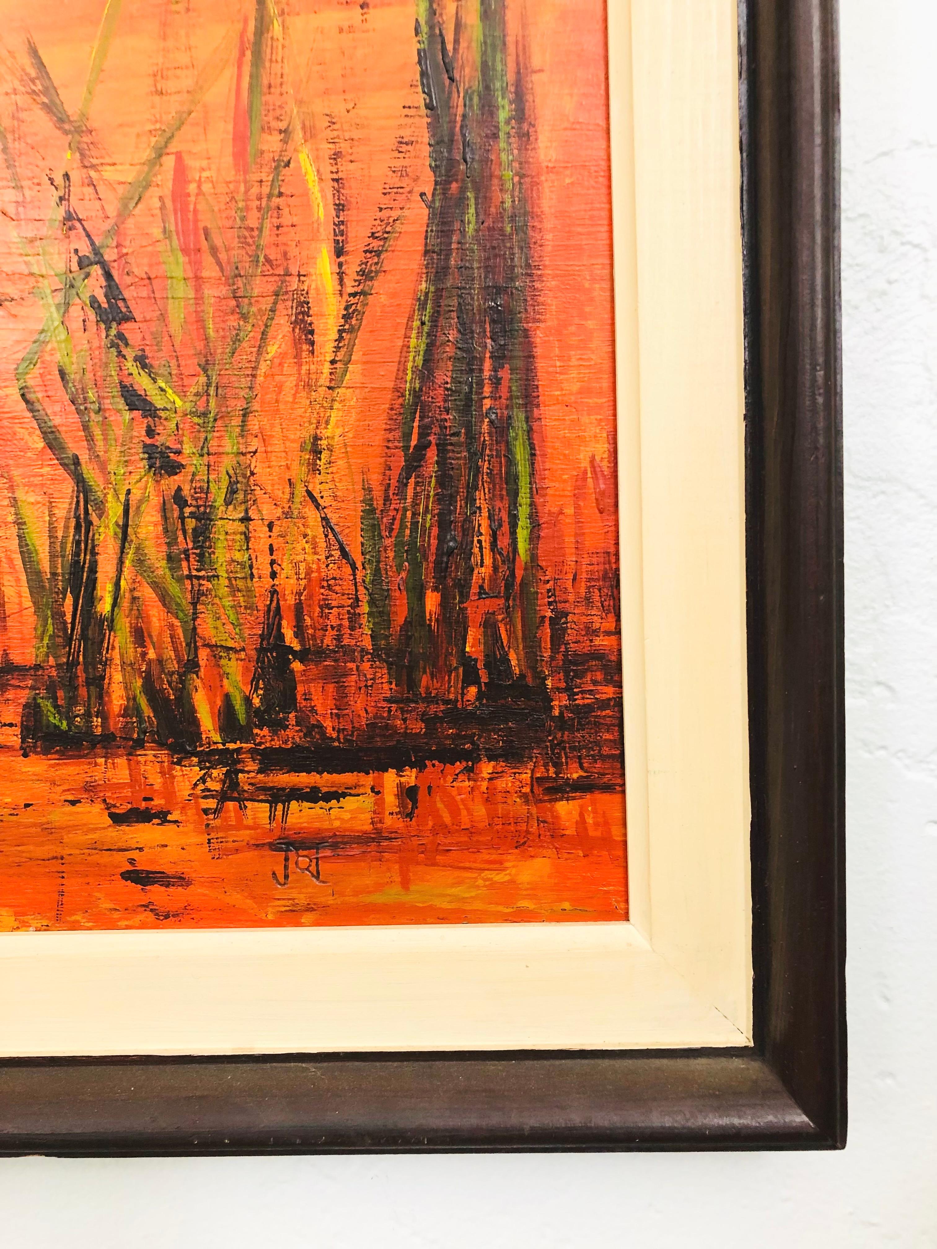 20ième siècle Peinture de paysage orange du milieu du siècle dernier de John Caver, intitulée « Background ».