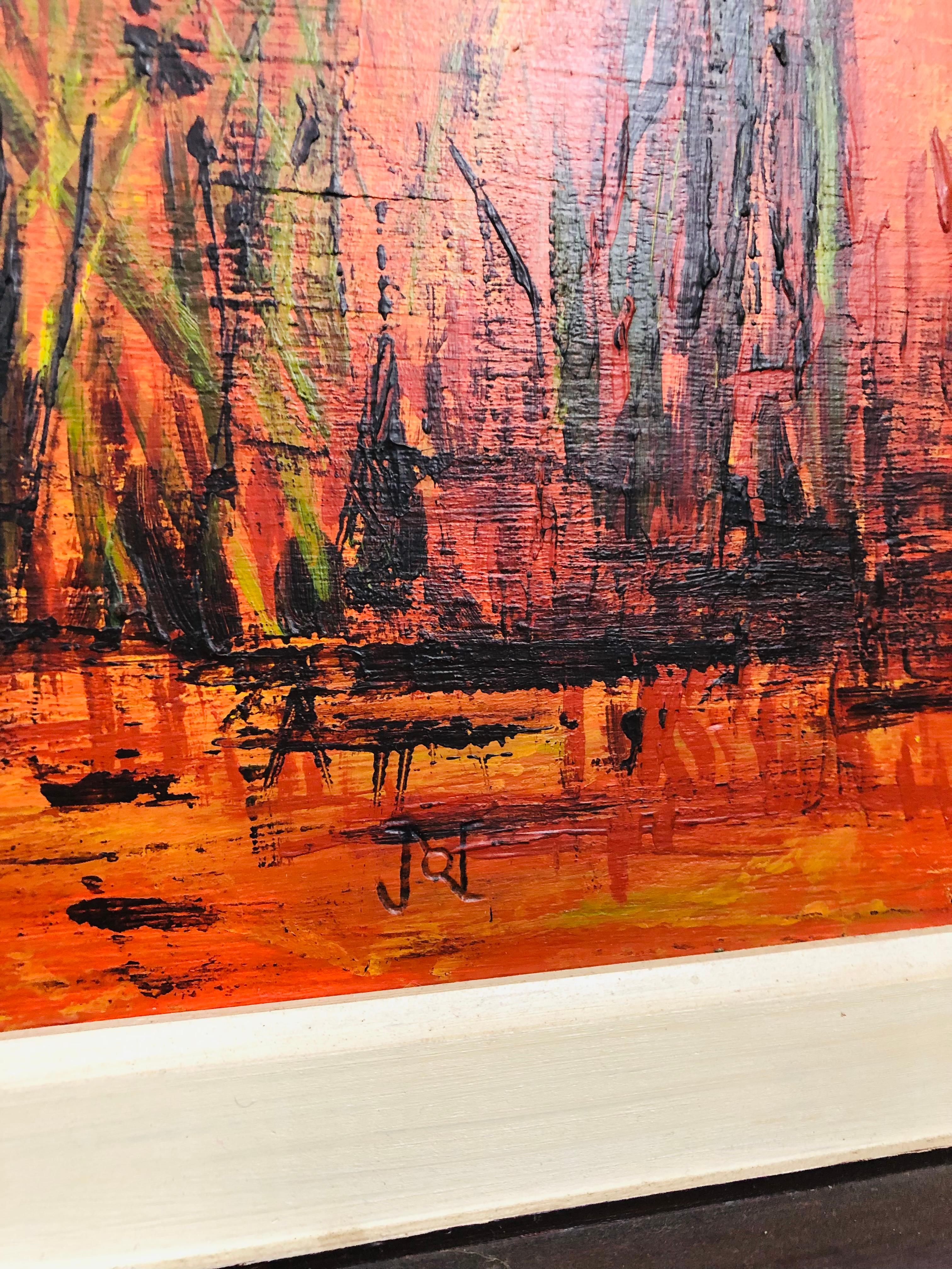 Toile Peinture de paysage orange du milieu du siècle dernier de John Caver, intitulée « Background ».
