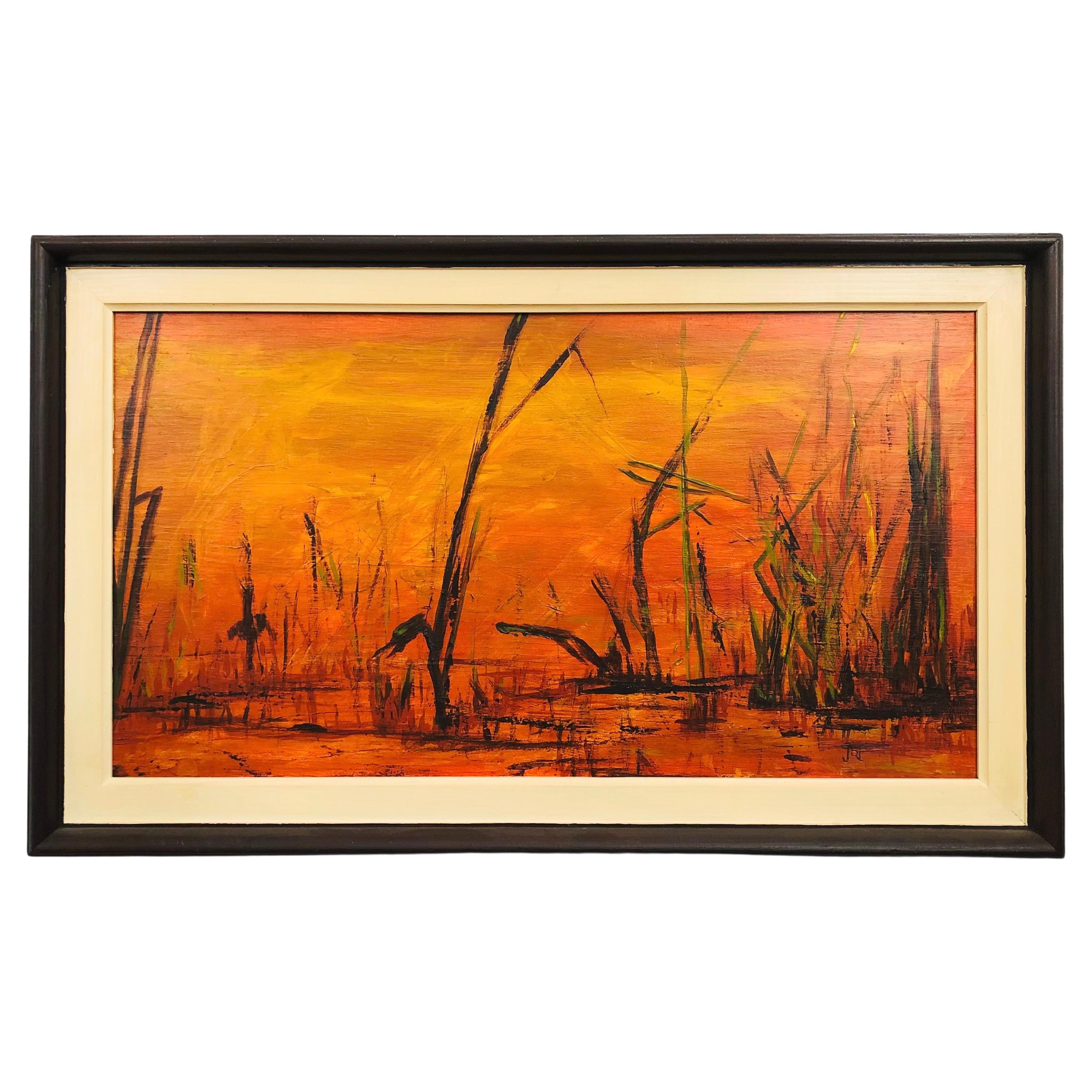 Peinture de paysage orange du milieu du siècle dernier de John Caver, intitulée « Background ».