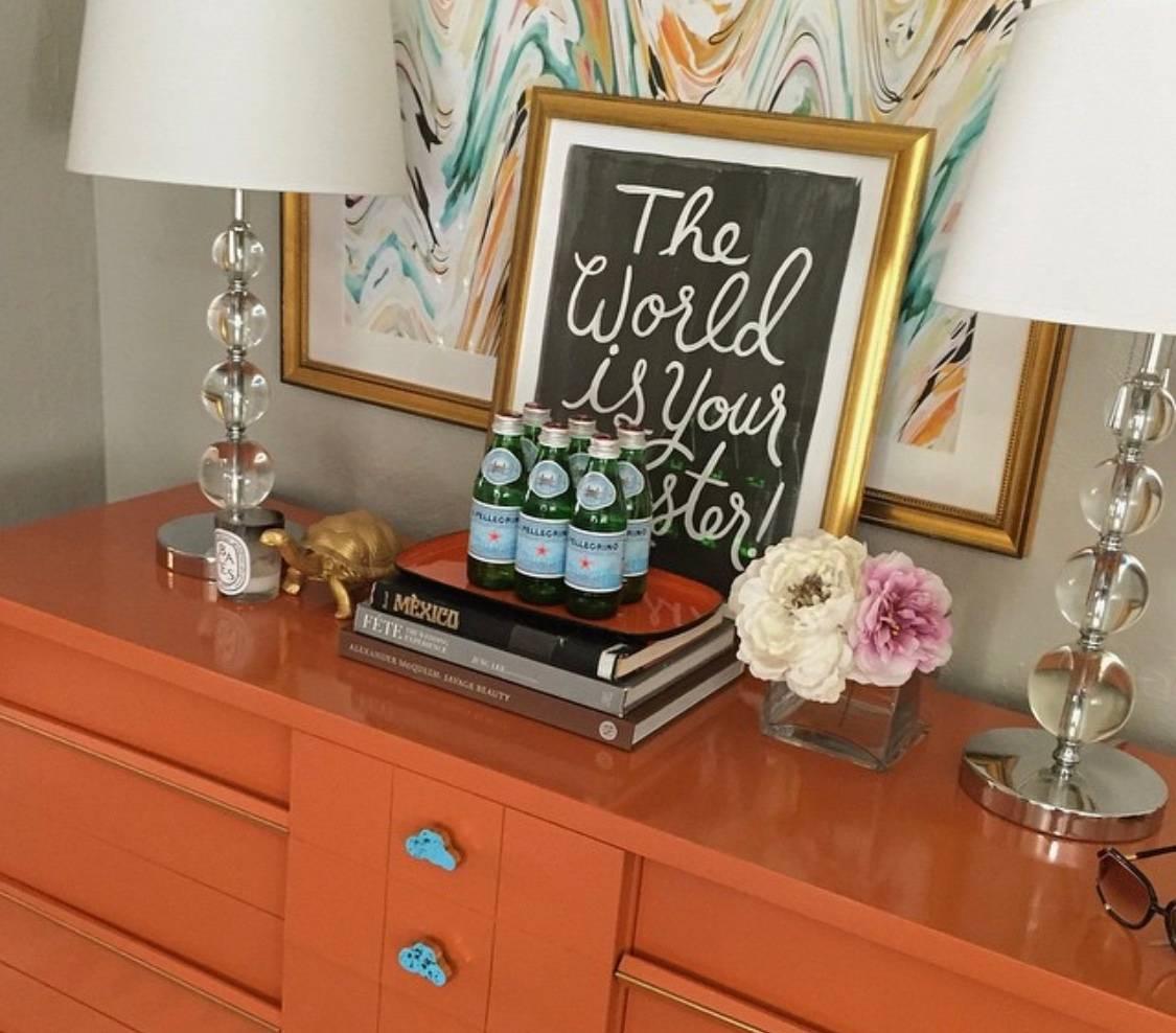 Mid-Century Modern Mid-Century Orange Lacquered Credenza or Dresser with Turquoise and Brass Pulls