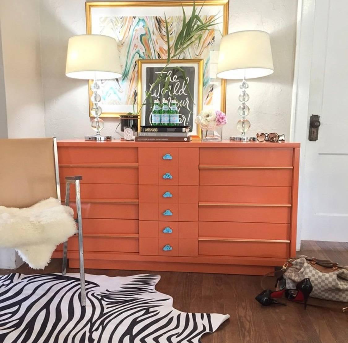 American Mid-Century Orange Lacquered Credenza or Dresser with Turquoise and Brass Pulls