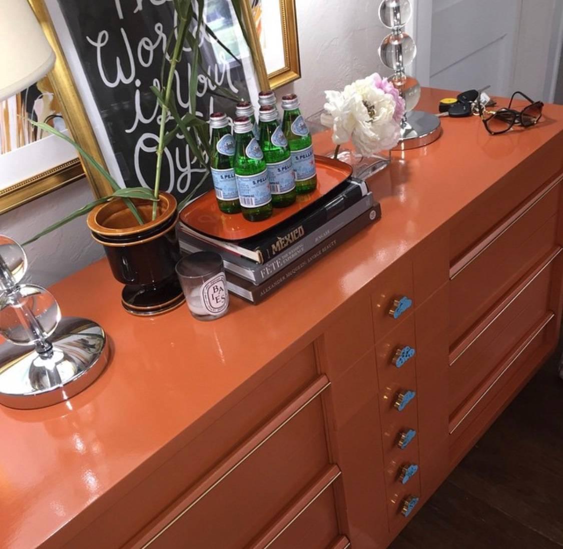 Mid-Century Orange Lacquered Credenza or Dresser with Turquoise and Brass Pulls In Good Condition In Oklahoma City, OK