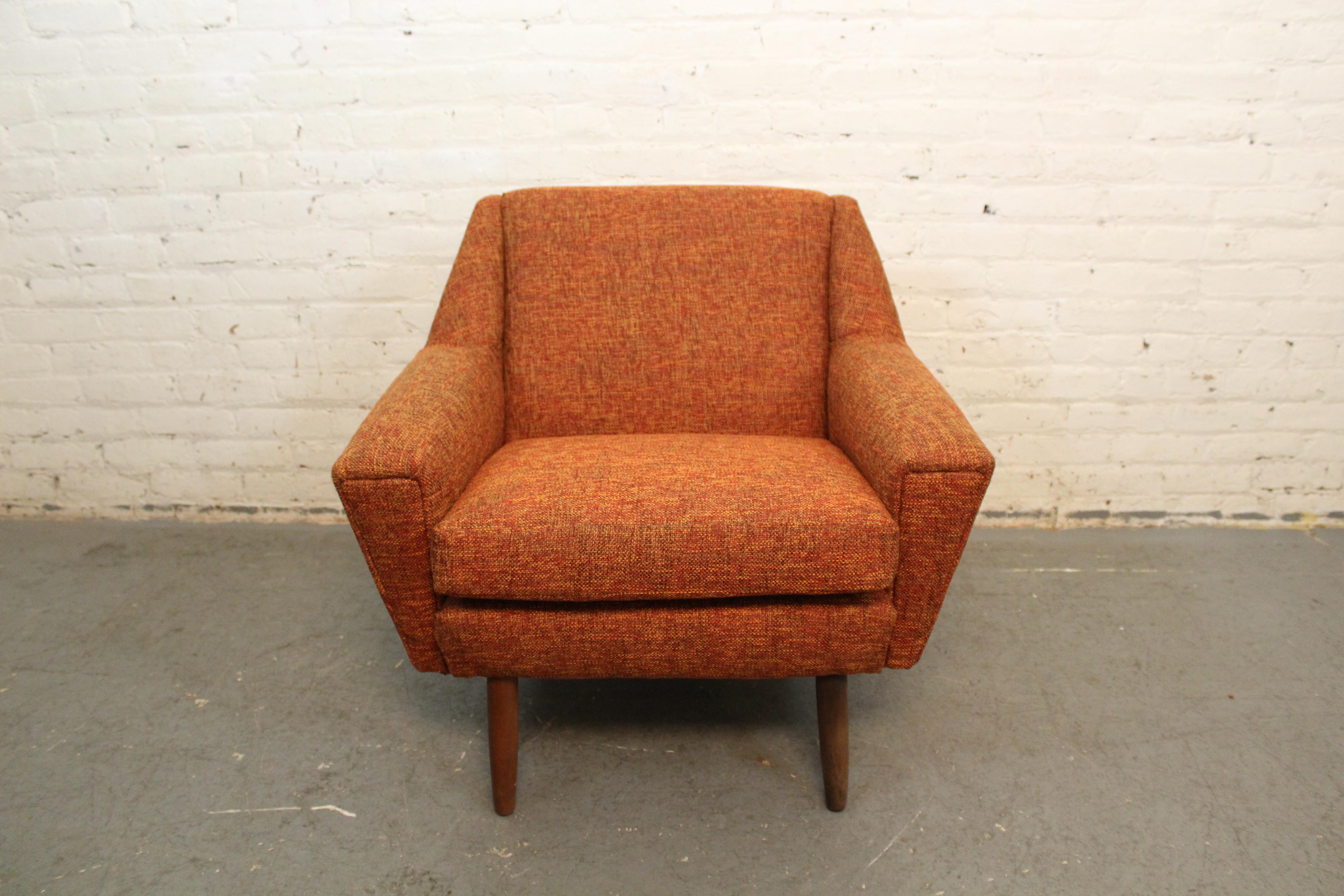 Don't miss out on this wonderfully unusual mid-century Scandinavian club chair! Featuring a unique geometric shape and boasting angles that are both obtuse and acute, this funky seat is sure to be a head-turner in any setting! Freshly arrived from