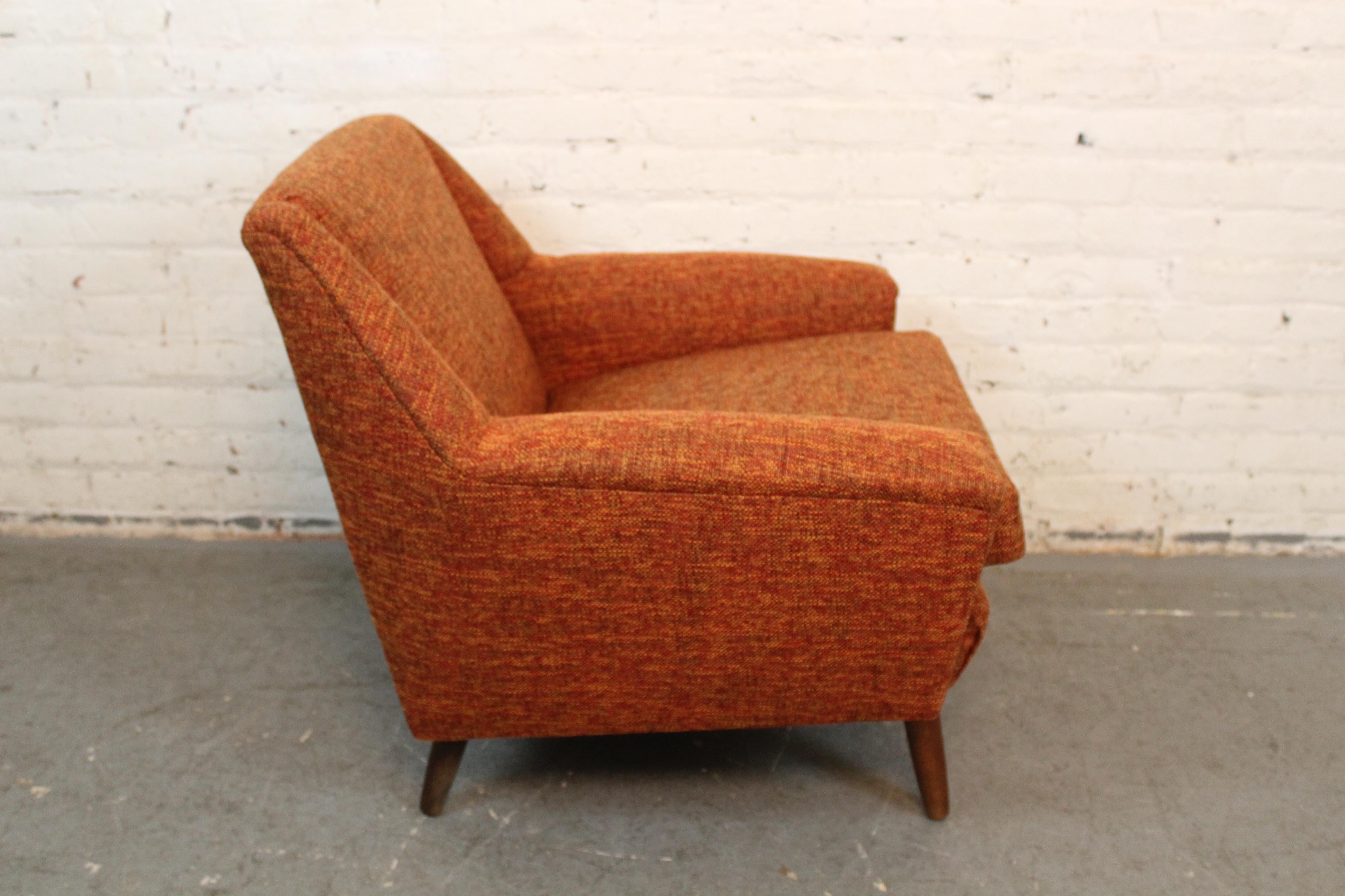 Turned Mid-Century Orange Tweed Geometric Club Chair For Sale