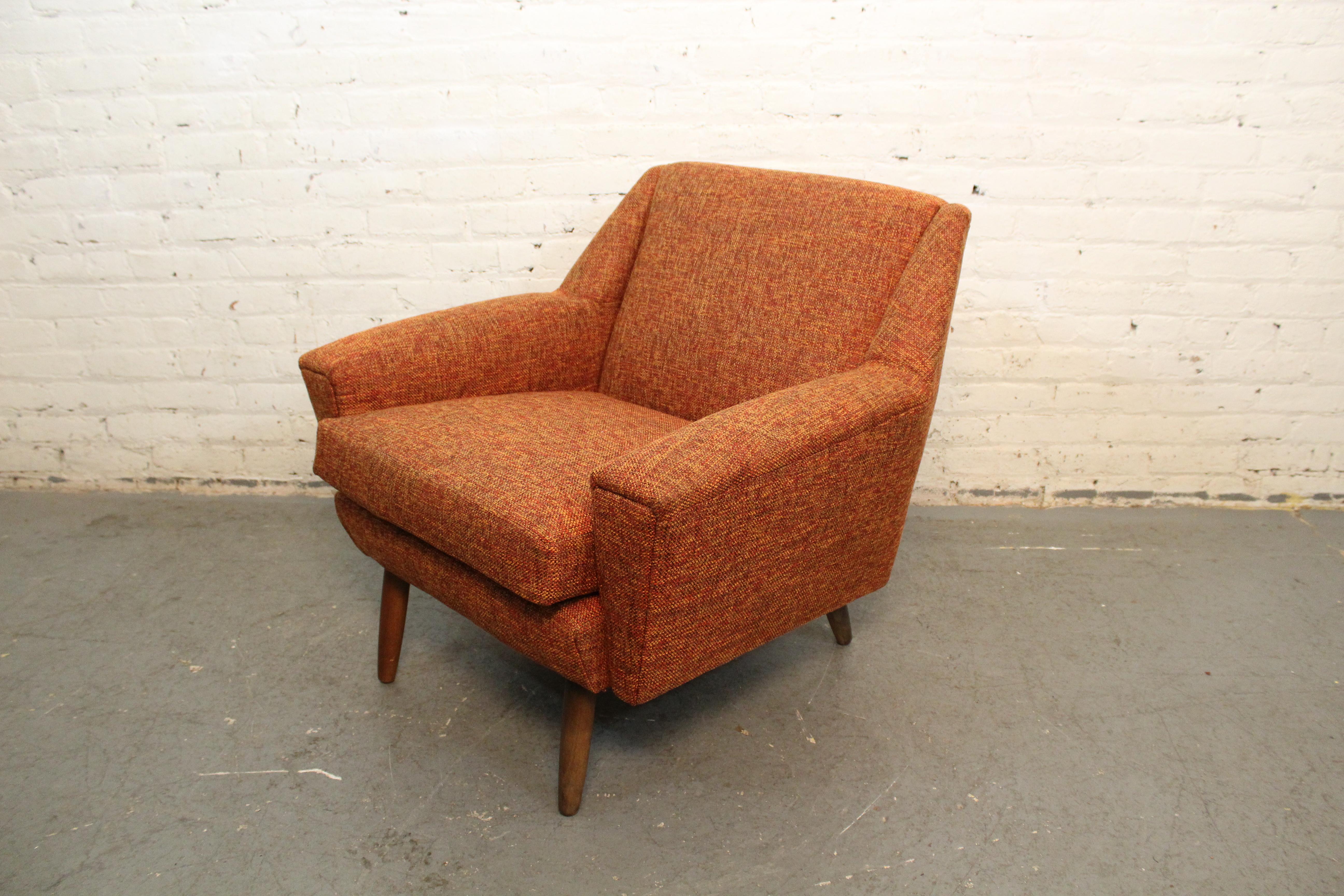 Turned Mid-Century Orange Tweed Geometric Club Chair
