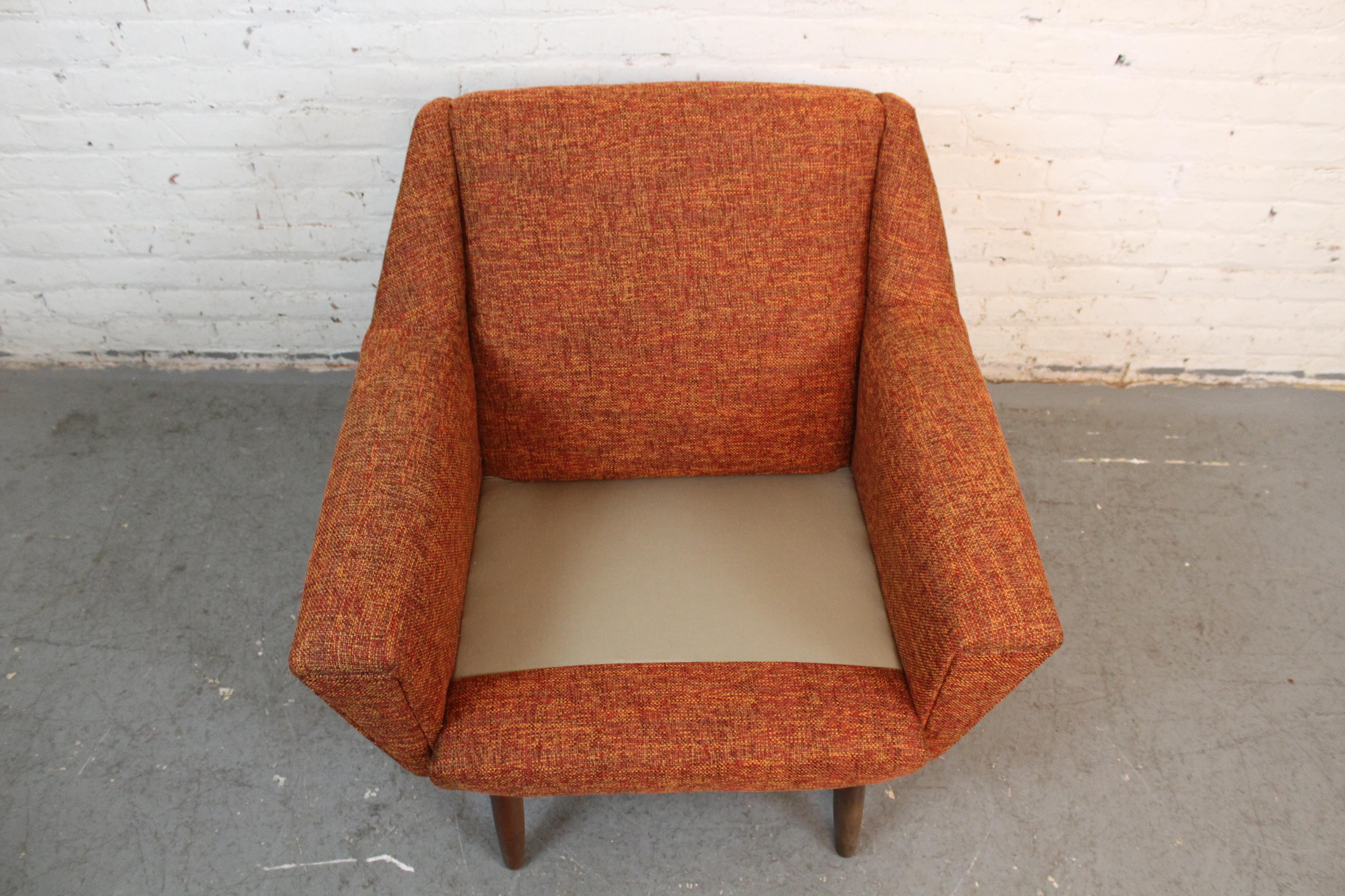 Fabric Mid-Century Orange Tweed Geometric Club Chair