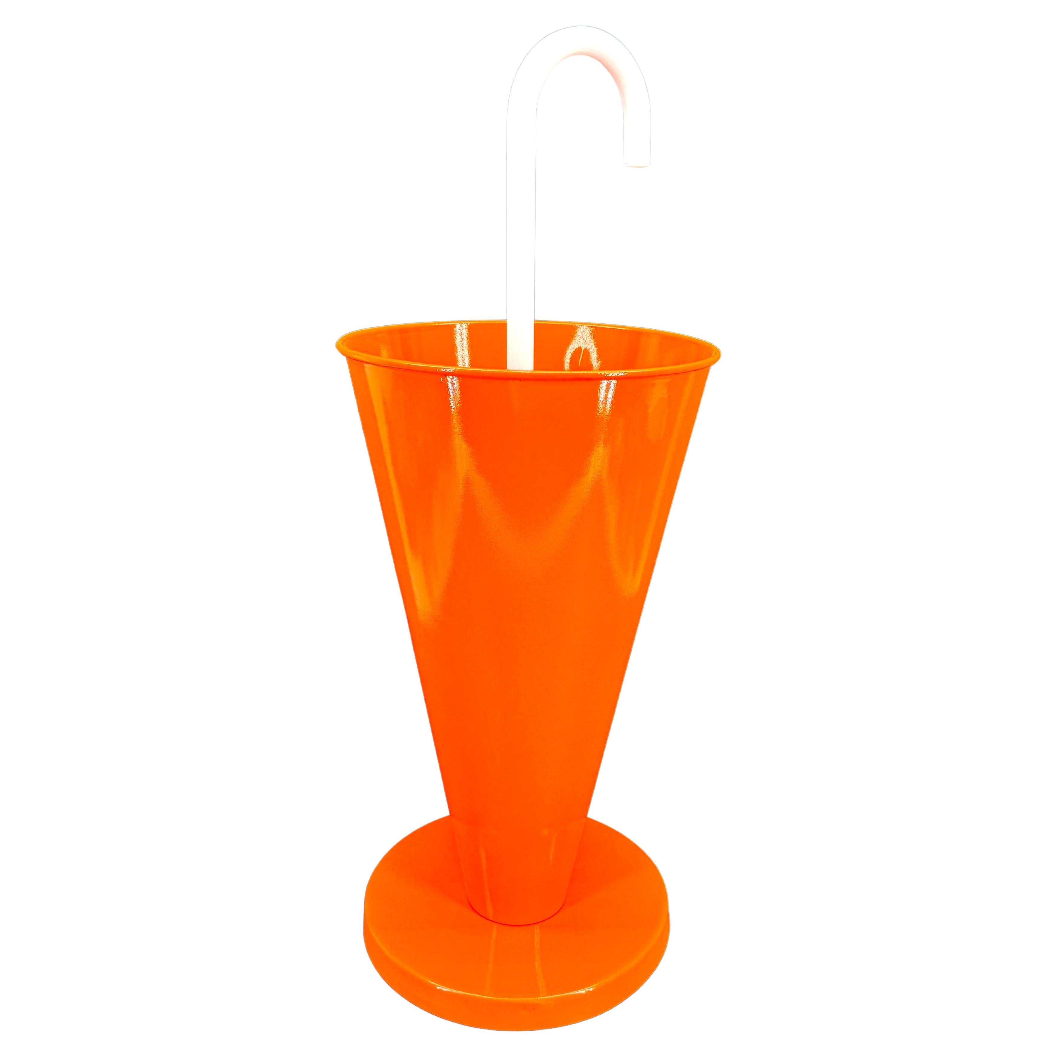 Mid-Century Orange Umbrella Stand Holder with White Handle For Sale 6