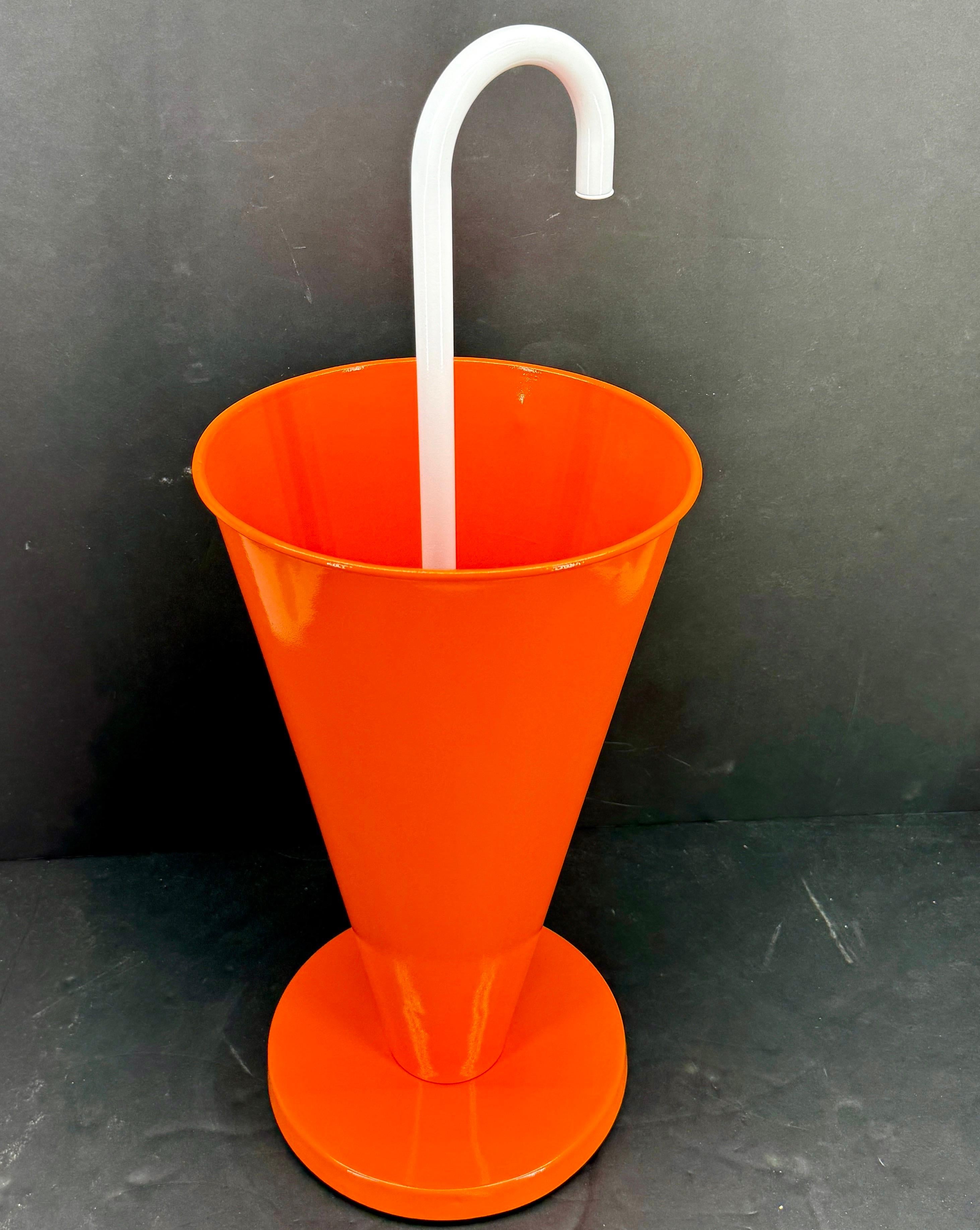 Mid-Century Modern Powder-Coated in Orange Umbrella Stand Holder. This umbrella stand is newly powder-coated in what we call Hermes Orange color. There is great detail on this aluminum metal piece with white powder-coated white handle. This sturdy