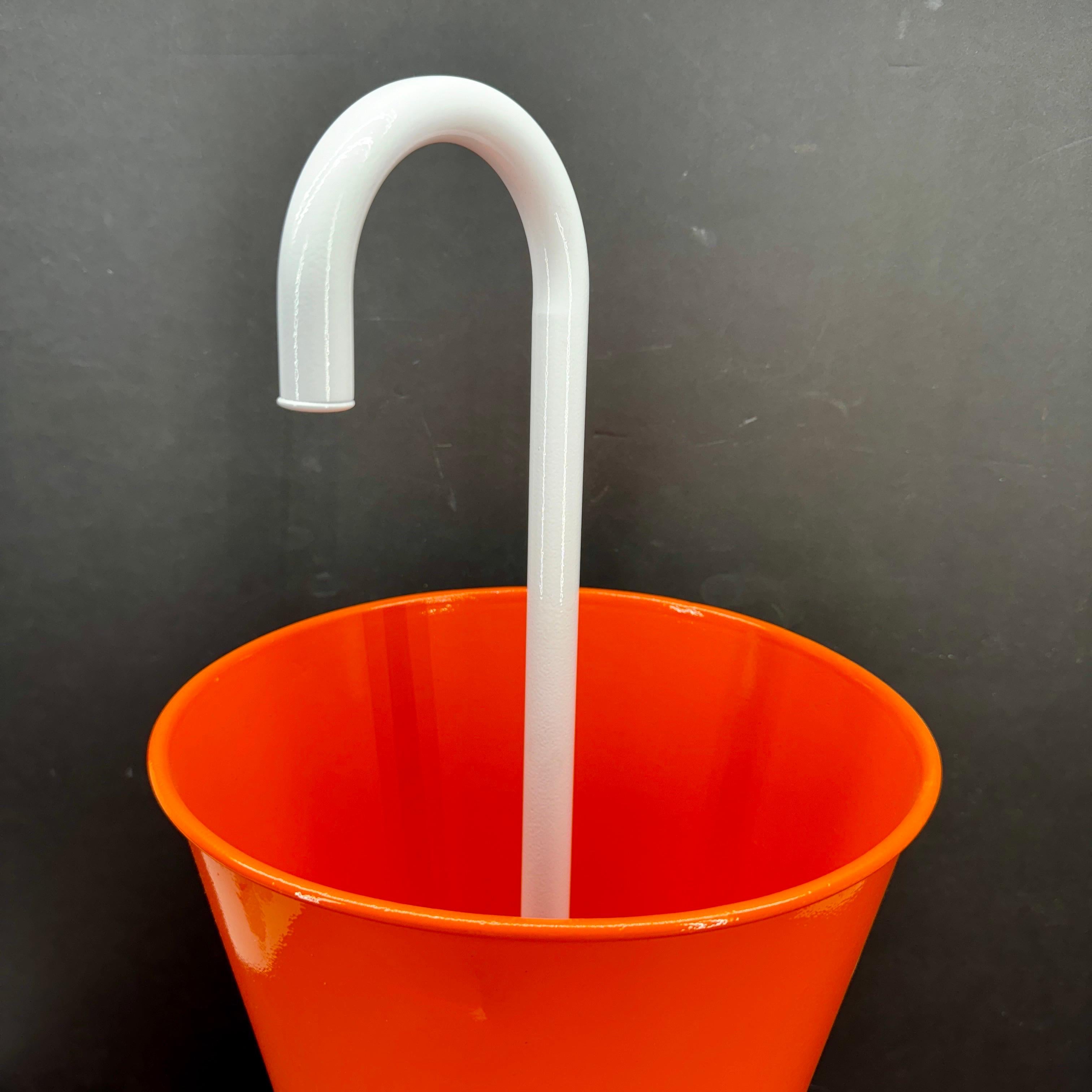 Hand-Painted Mid-Century Orange Umbrella Stand Holder with White Handle For Sale