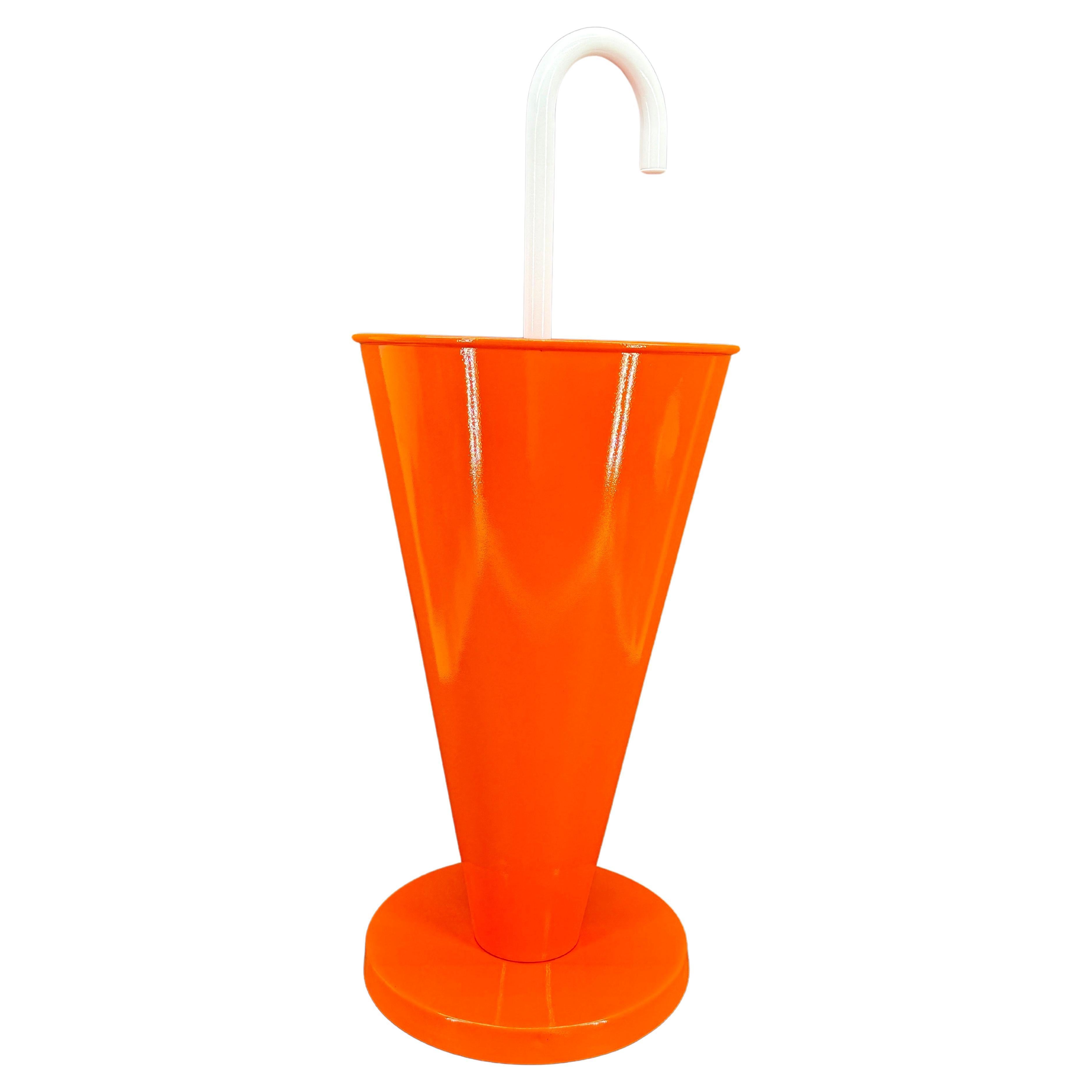 Mid-Century Orange Umbrella Stand Holder with White Handle